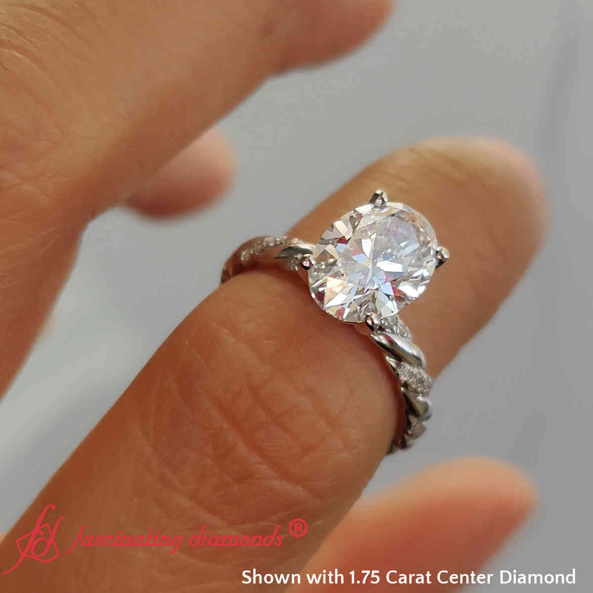 2 Carat Lab Oval Cut Twisted Rope Diamond Ring with 14K White Gold White Diamond