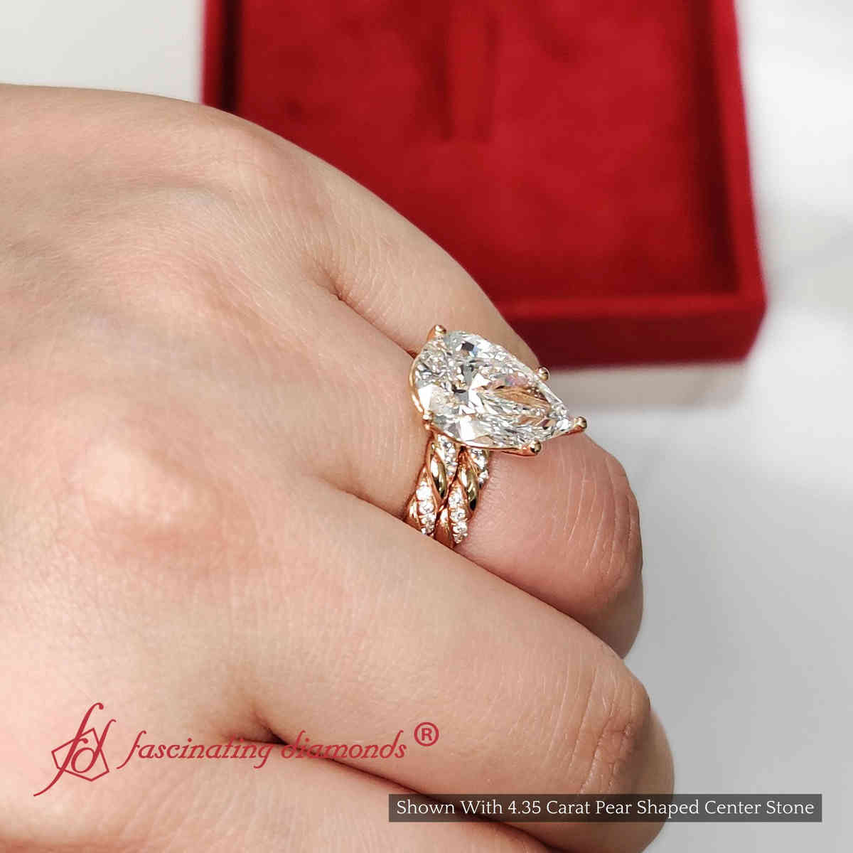 Pear Shaped Lab Diamond Twisted Big Ring With Band with 18K Rose Gold Ice Blue Topaz