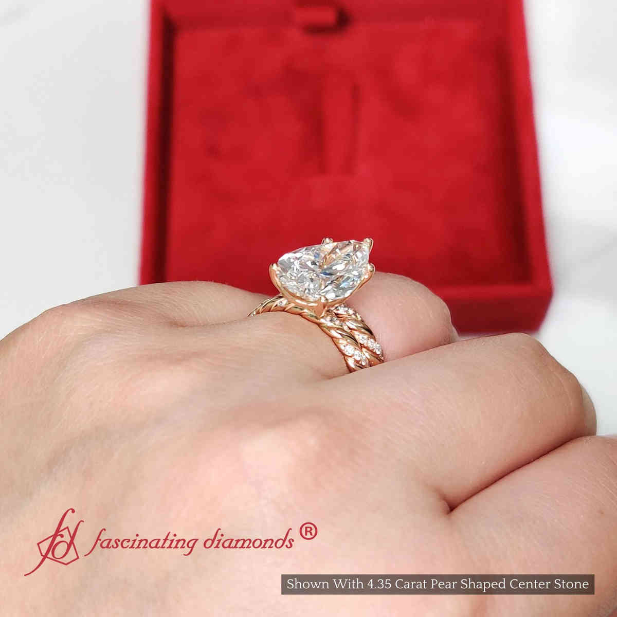 Pear Shaped Lab Diamond Twisted Big Ring With Band with 18K Rose Gold Ice Blue Topaz