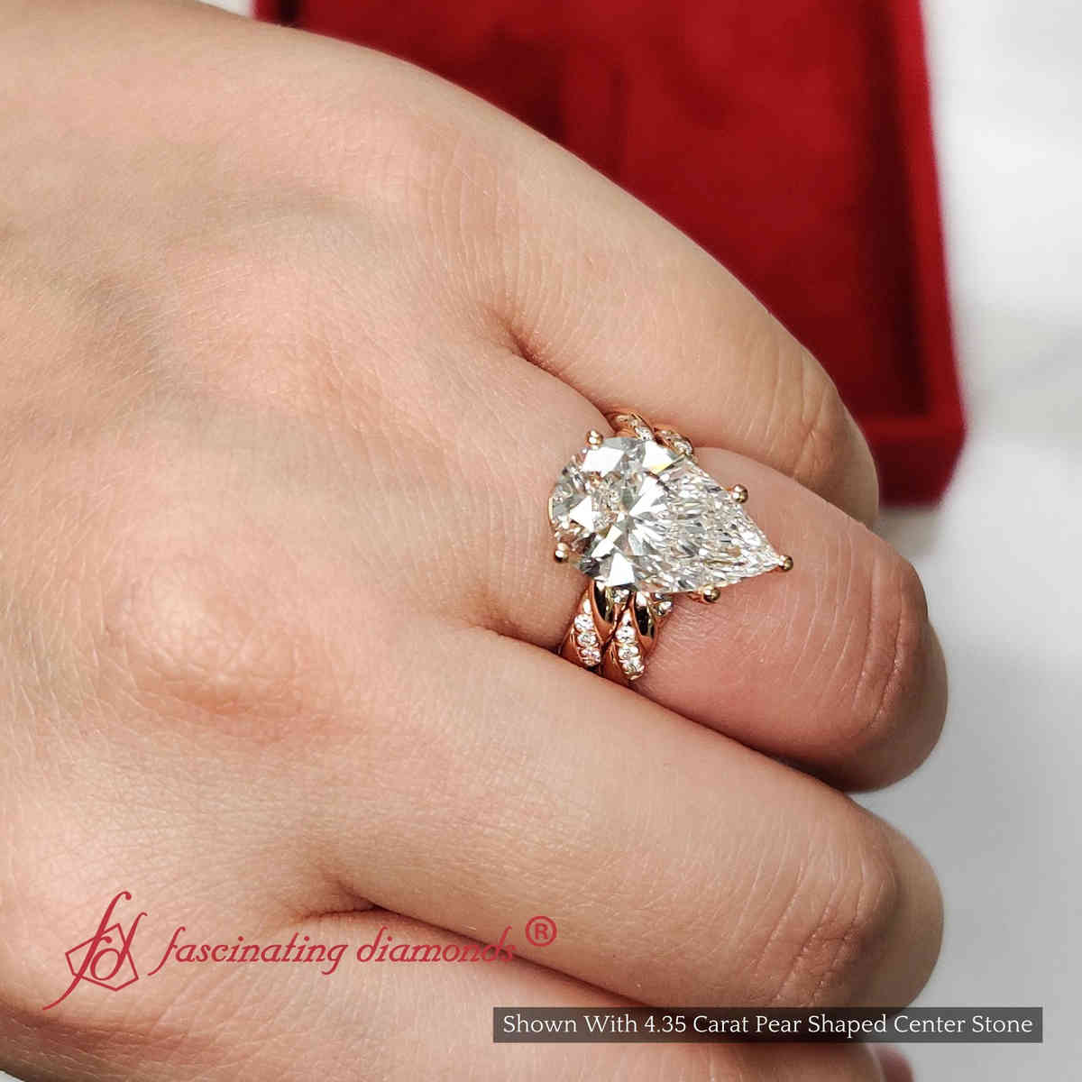 Pear Shaped Lab Diamond Twisted Big Ring With Band with 18K Rose Gold Ice Blue Topaz