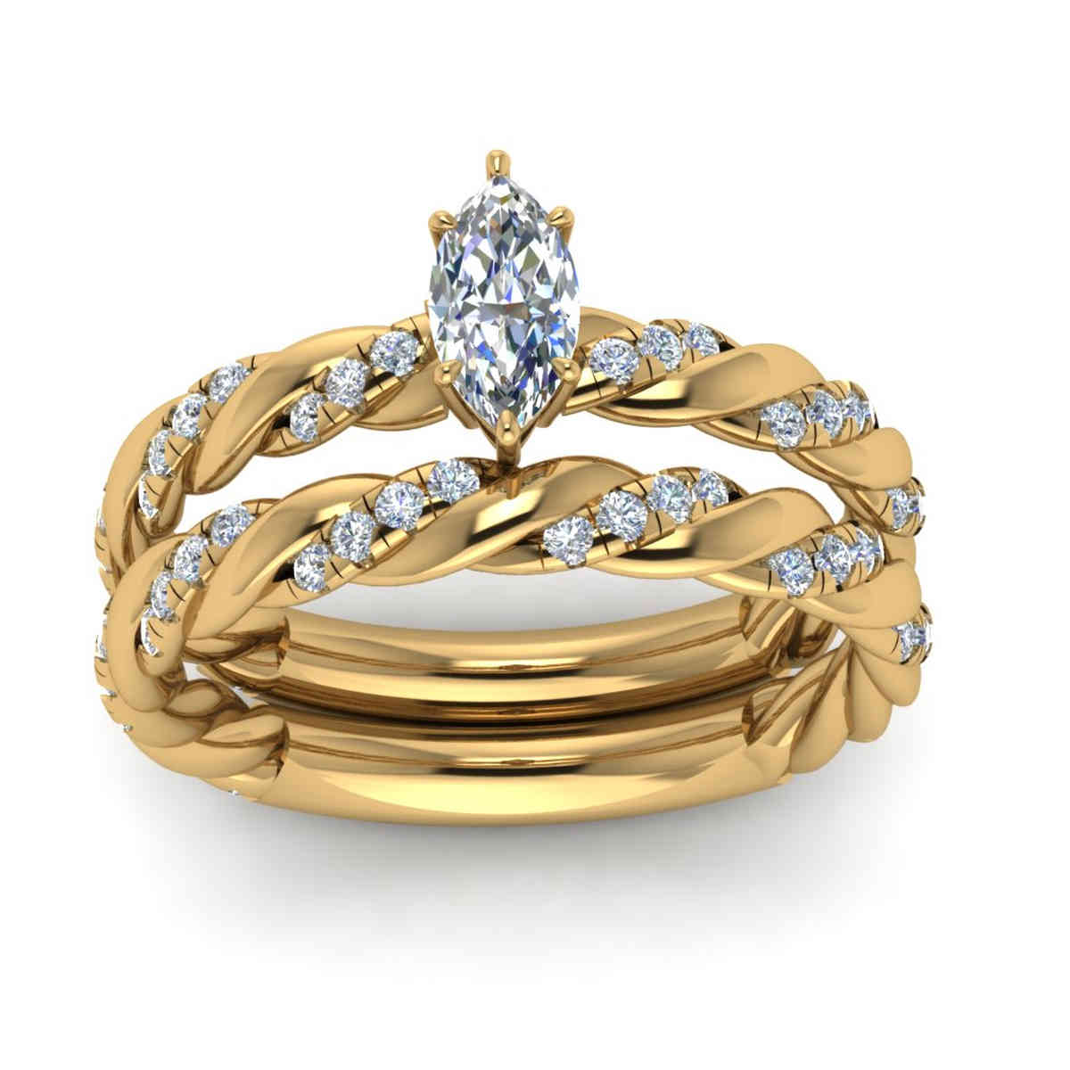 Twisted Pave Engagement Ring And Wedding Band with 14K Yellow Gold White Diamond