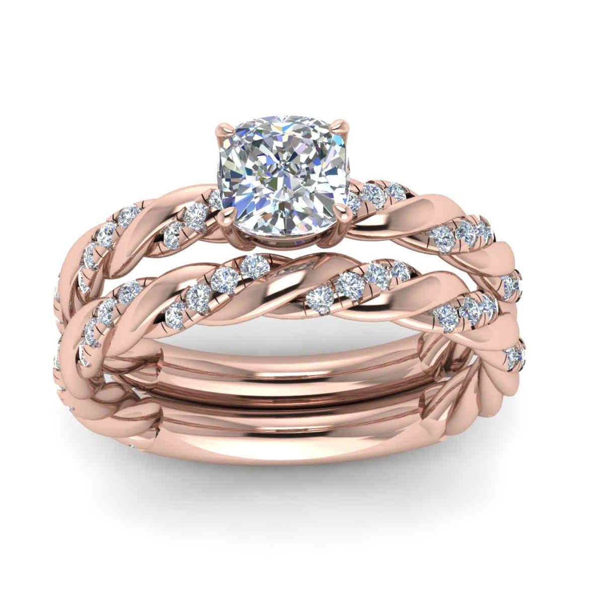 Cushion Shaped Twisted Vine Bridal Ring Set with White Diamond in 18K Rose Gold
