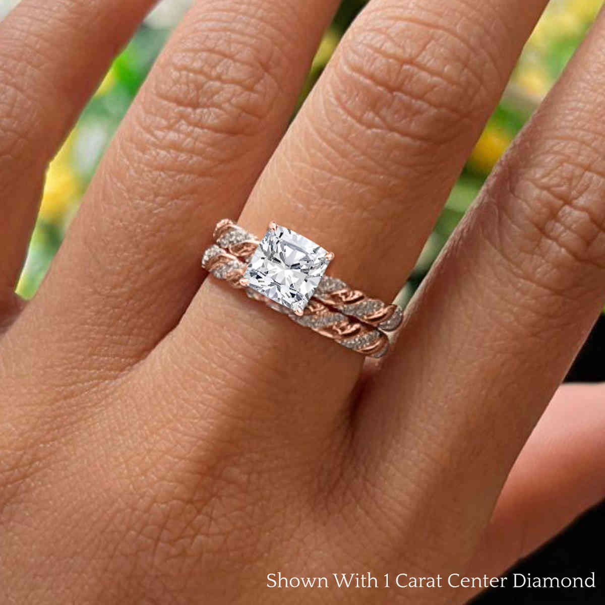 Cushion Shaped Twisted Vine Bridal Ring Set with White Diamond in 18K Rose Gold