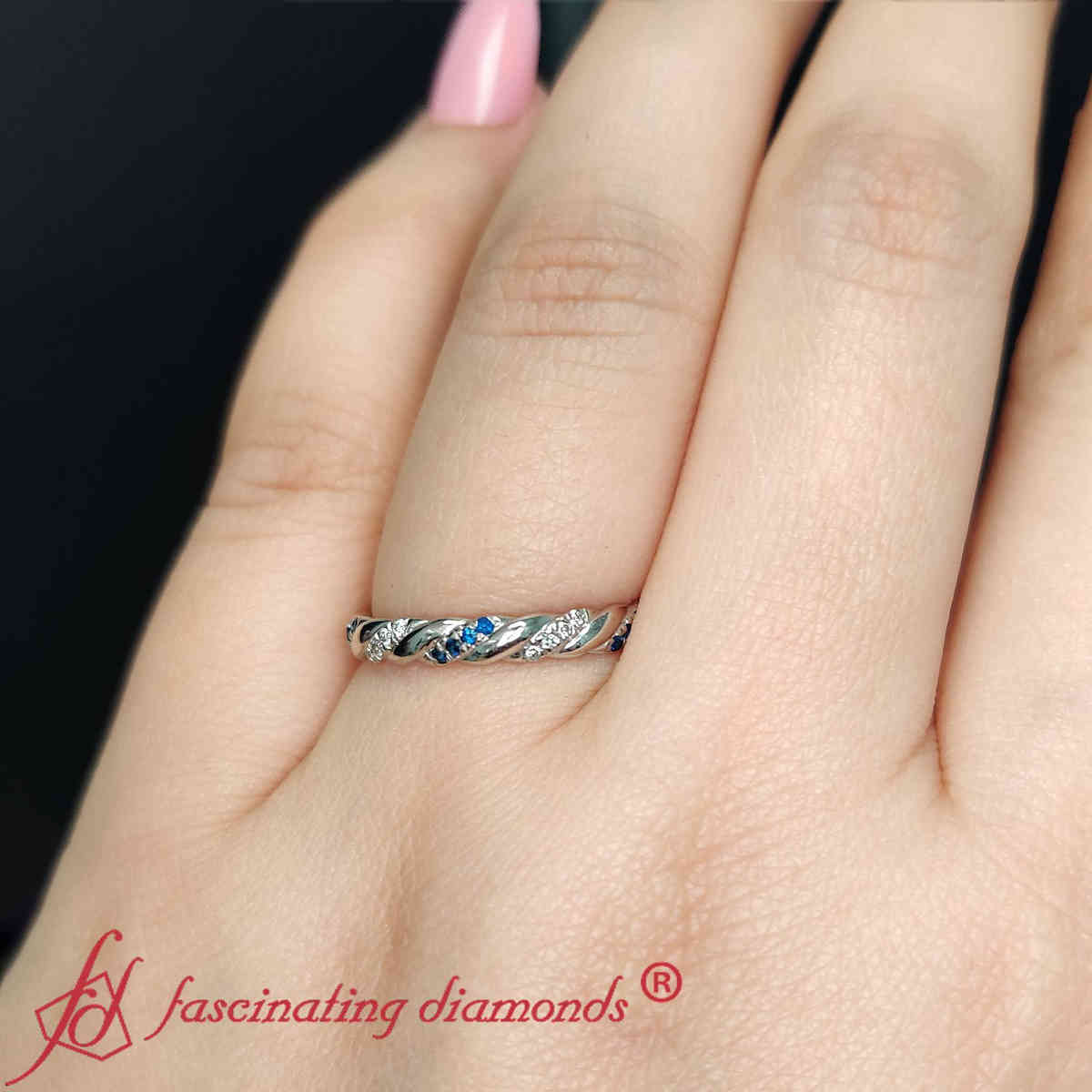 Twisted Vine Wedding Band with 18K White Gold Blue Sapphire