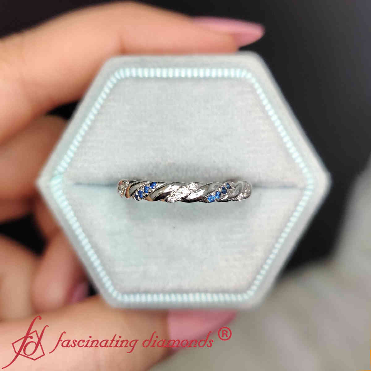 Twisted Vine Wedding Band with 18K White Gold Blue Sapphire