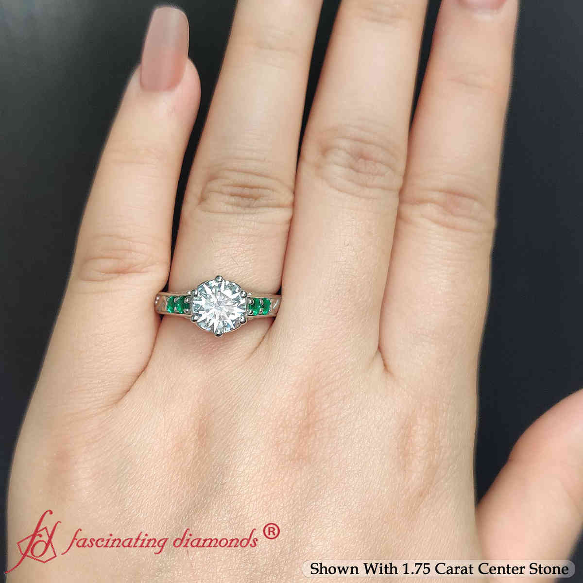 Round Shaped Beautiful Filigree 6 Prong Diamond Ring with Green Emerald in 14K White Gold