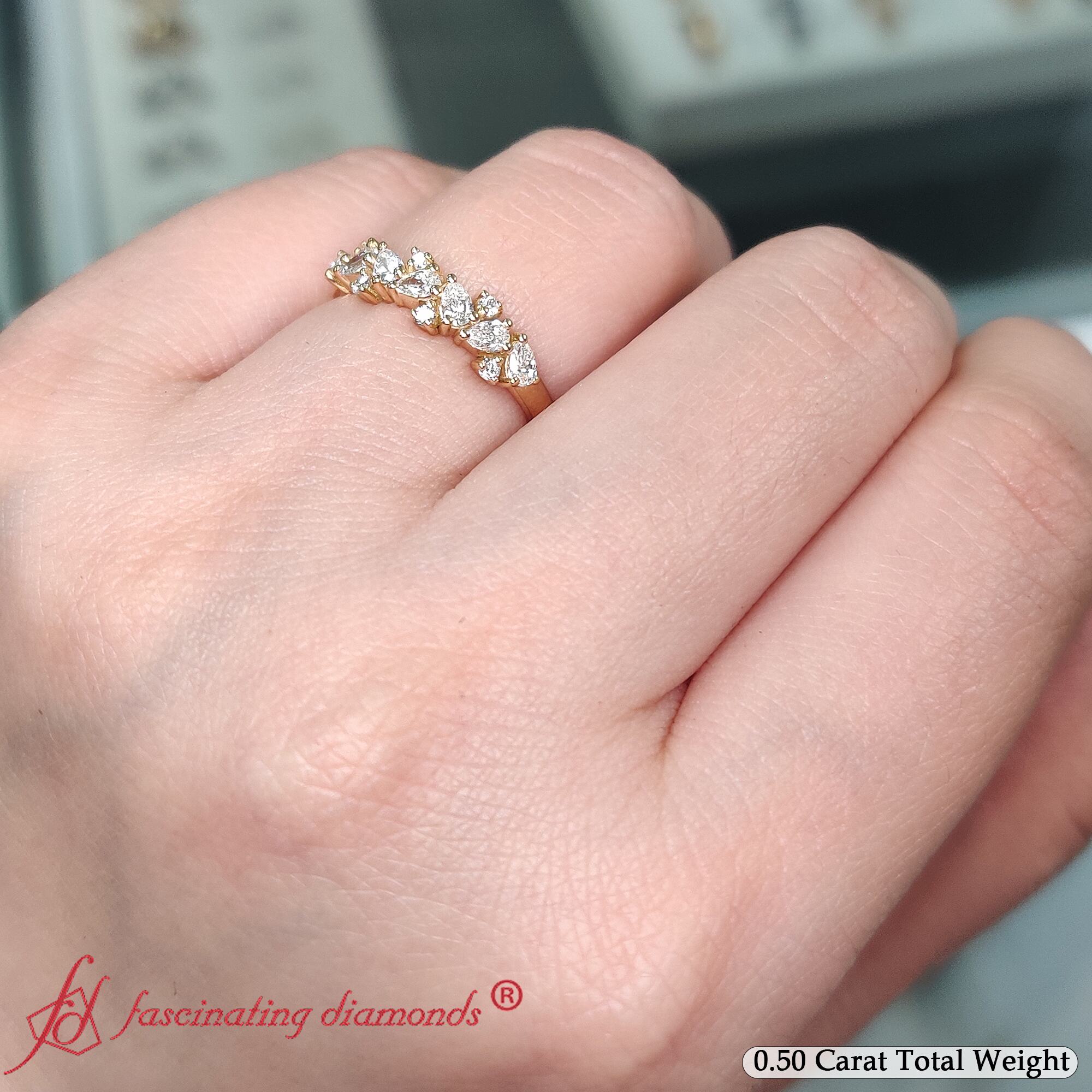 Pear And Round Cluster Anniversary Band with 14K Yellow Gold White Diamond
