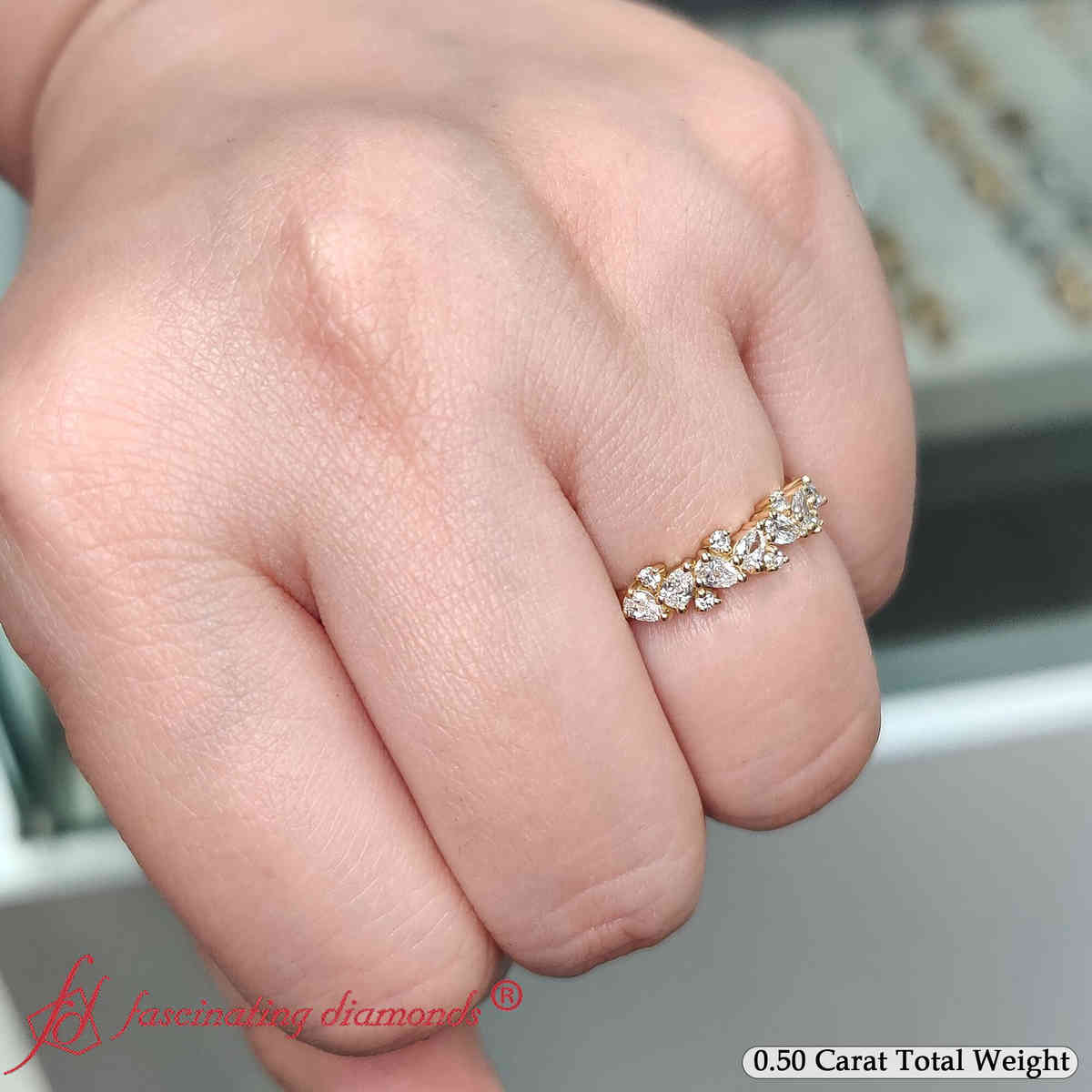 Pear And Round Cluster Anniversary Band with 14K Yellow Gold White Diamond