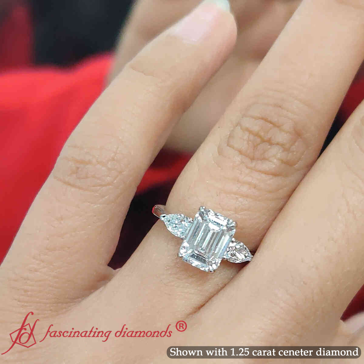 1.50 Ct. Pear Accent 3 Stone Emerald Cut Ring with 14K White Gold White Diamond