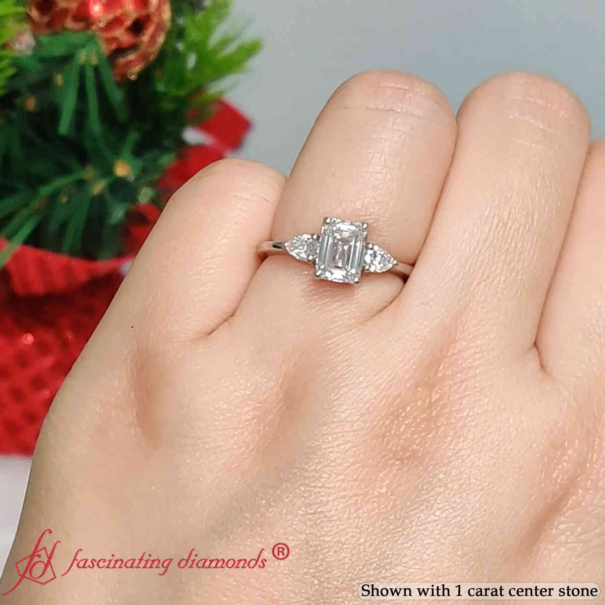 Emerald Shaped Pear 3 Stone Cathedral Ring with White Diamond in 14K White Gold