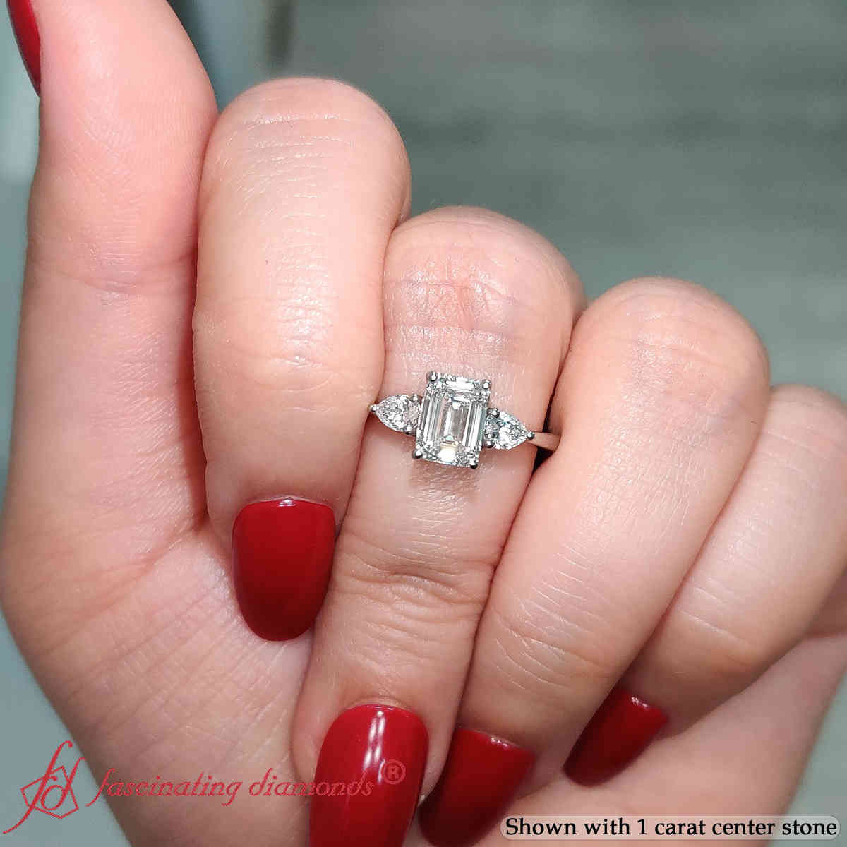 Emerald Shaped Pear 3 Stone Cathedral Ring with White Diamond in 14K White Gold