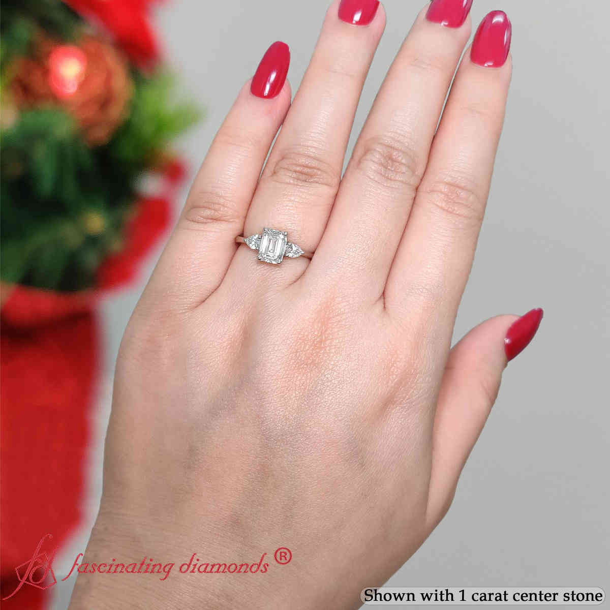 Emerald Shaped Pear 3 Stone Cathedral Ring with White Diamond in 14K White Gold
