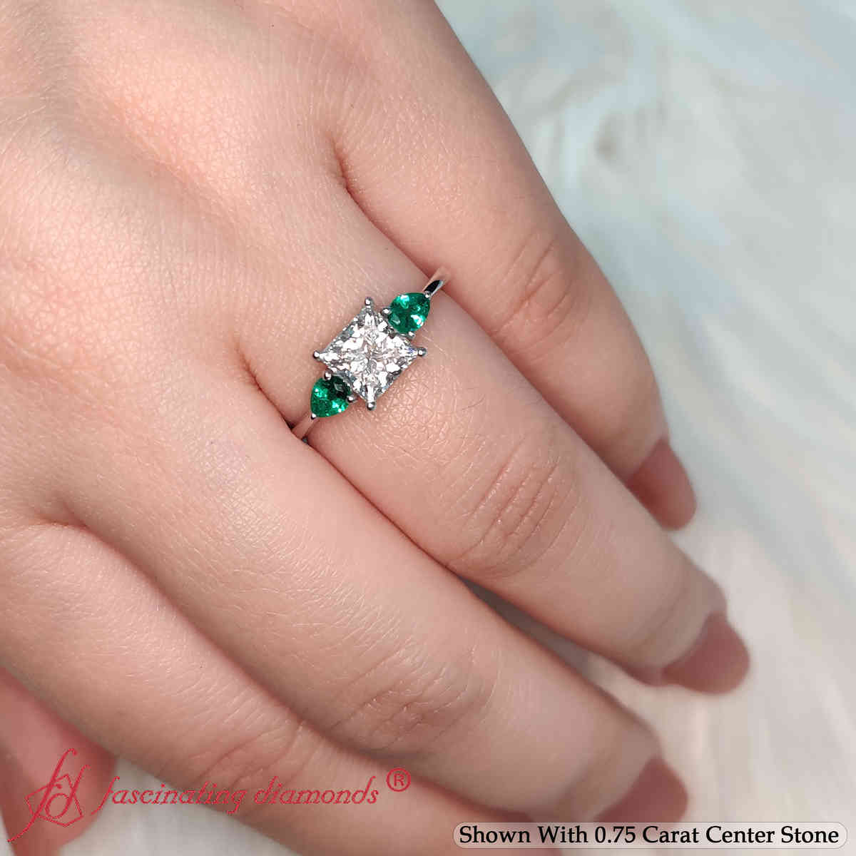 Princess Shaped Pear Accent 3 Stone Graceful Ring with Green Emerald in 14K White Gold