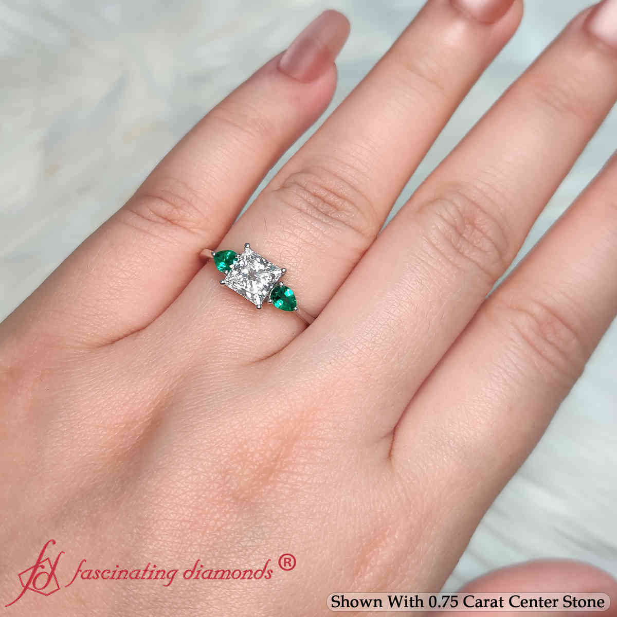 Princess Shaped Pear Accent 3 Stone Graceful Ring with Green Emerald in 14K White Gold