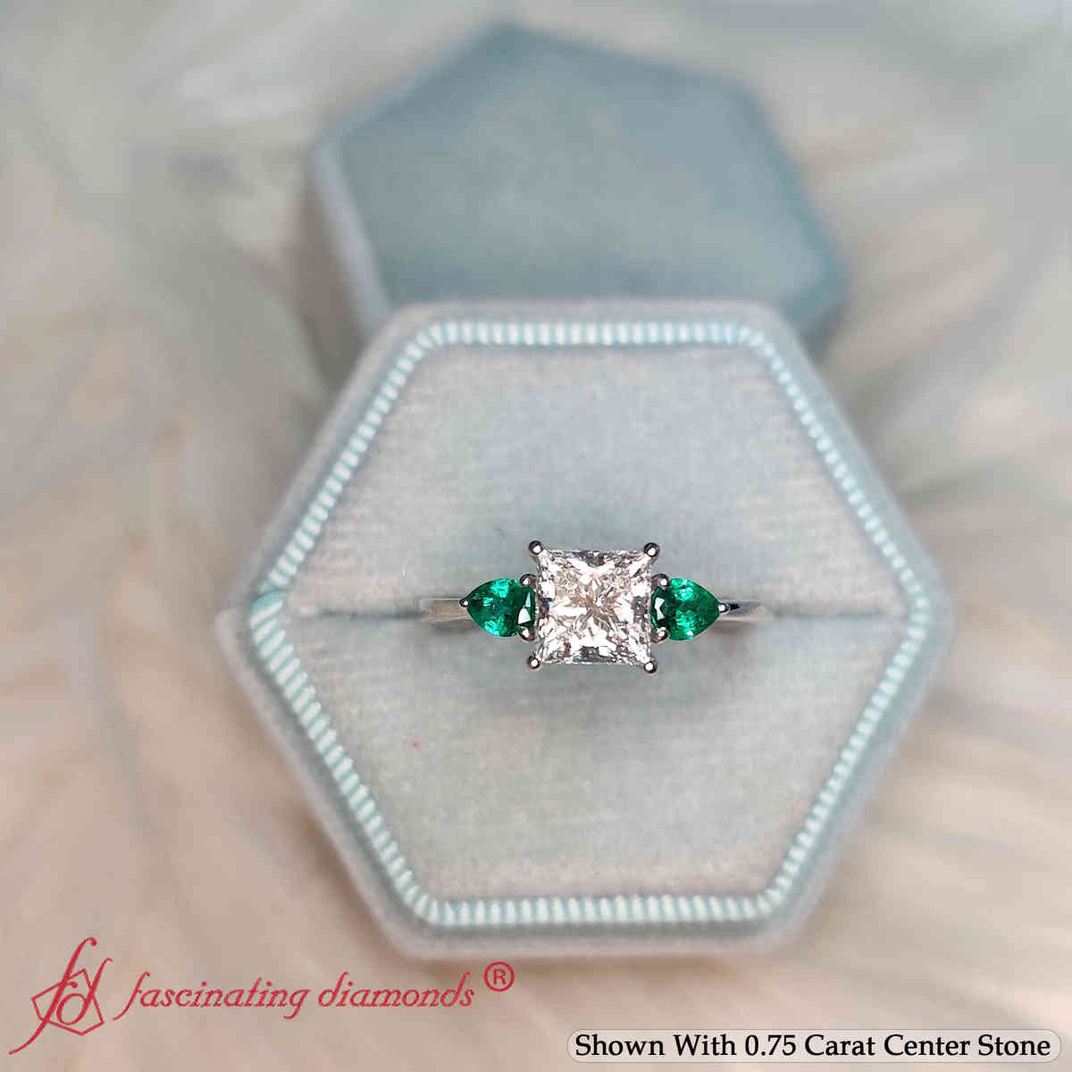 Princess Shaped Pear Accent 3 Stone Graceful Ring with Green Emerald in 14K White Gold