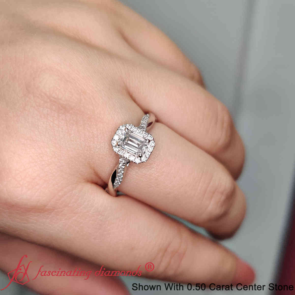 Emerald Cut Lab Diamond Twisted Halo Wedding Ring with 14K White Gold White Diamond