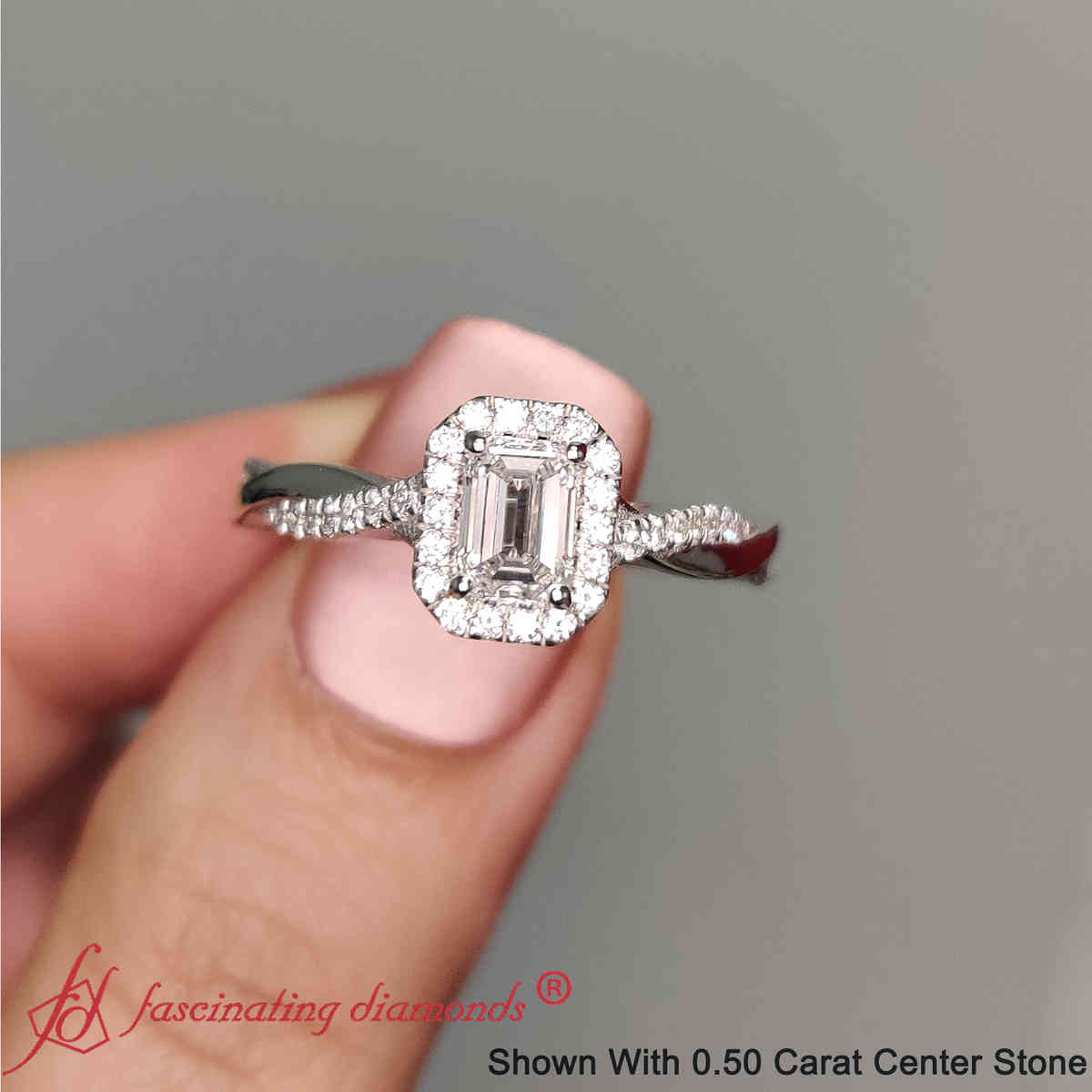 Emerald Cut Lab Diamond Twisted Halo Wedding Ring with 14K White Gold White Diamond
