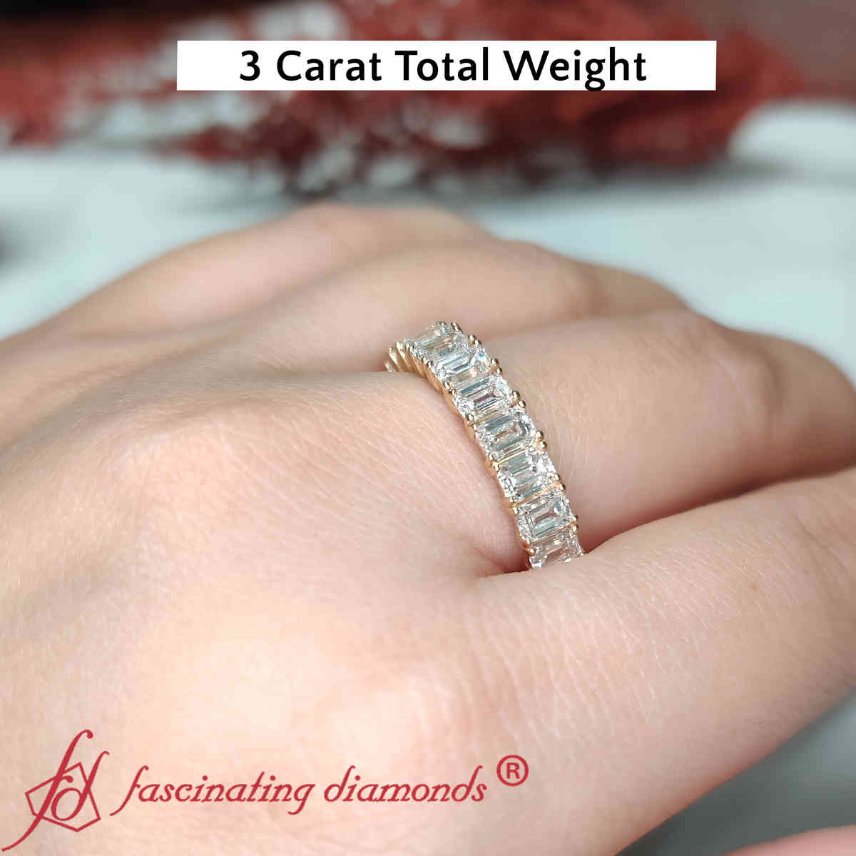 3 Carat Half Eternity Emerald Cut Diamond Band with 14K Yellow Gold White Diamond