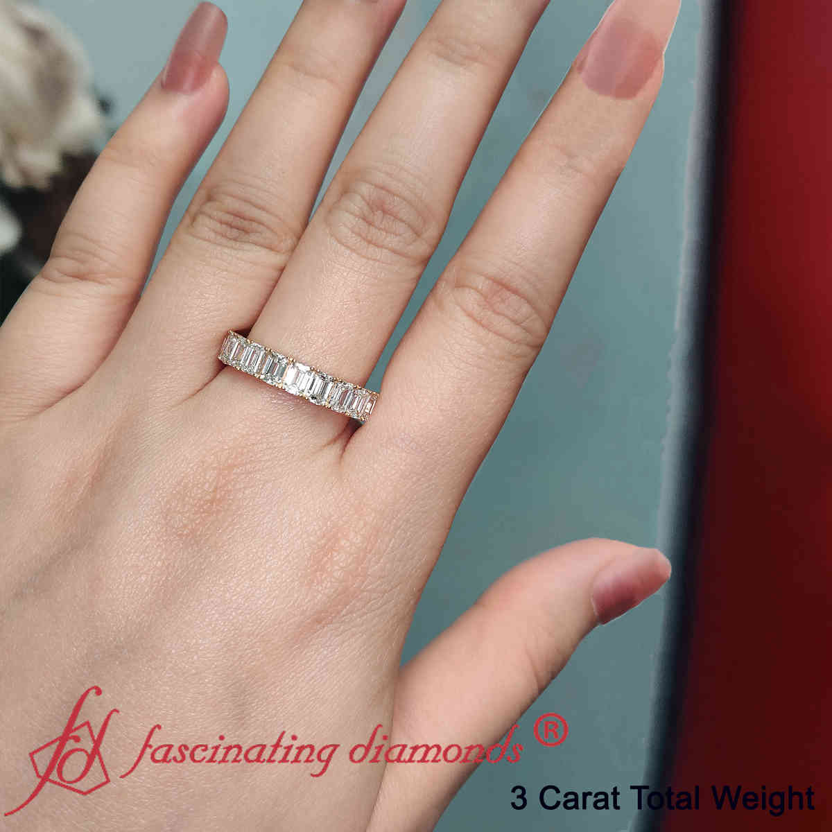 3 Carat Half Eternity Emerald Cut Diamond Band with 14K Yellow Gold White Diamond