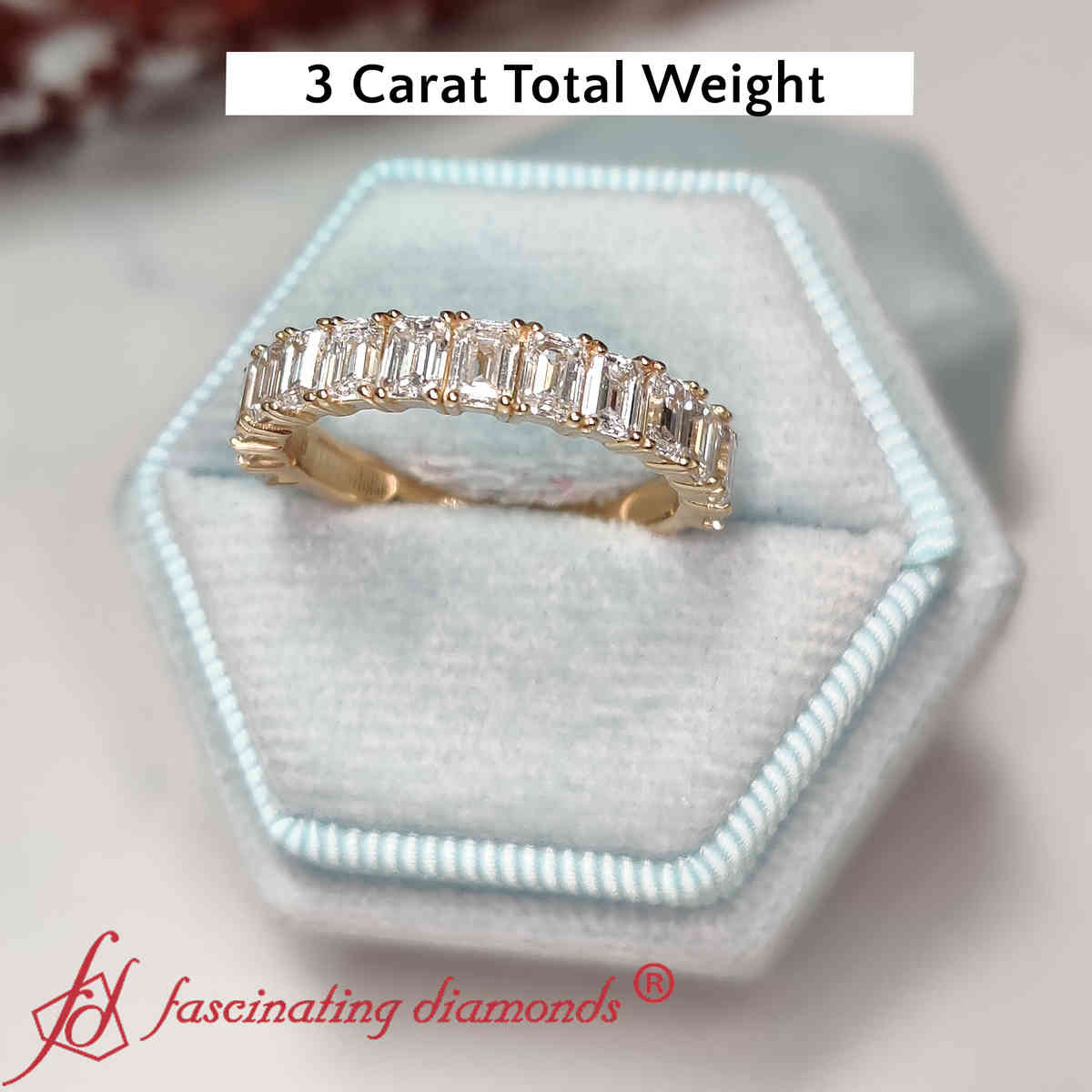 3 Carat Half Eternity Emerald Cut Diamond Band with 14K Yellow Gold White Diamond
