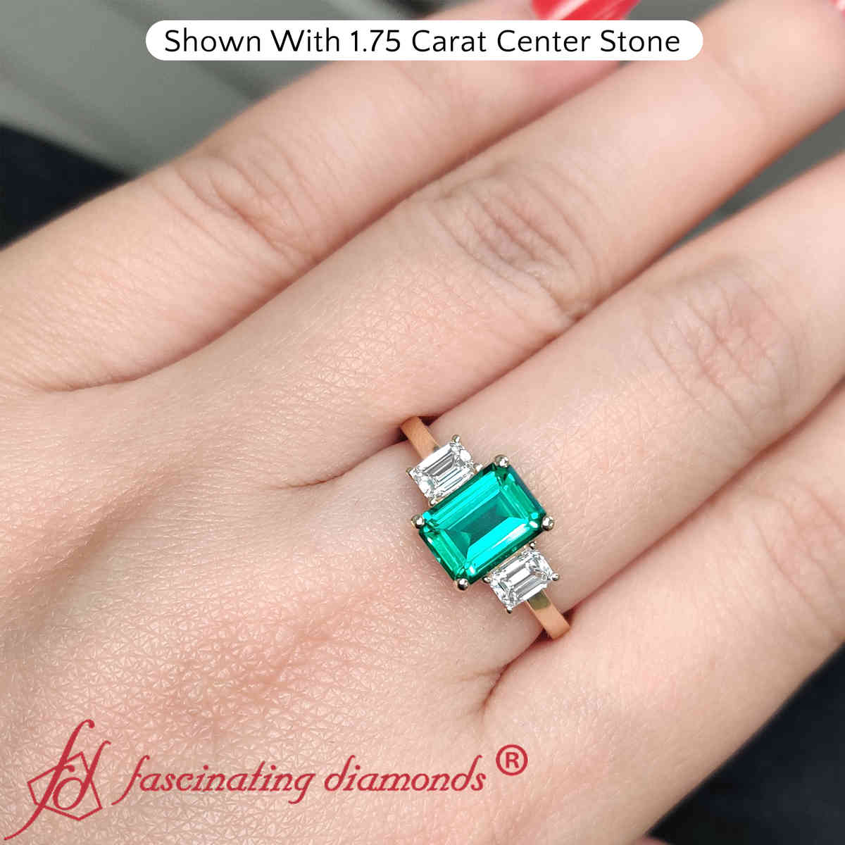 Three Stone Emerald Cut 2 Carat Ring with 14K Yellow Gold Green Emerald