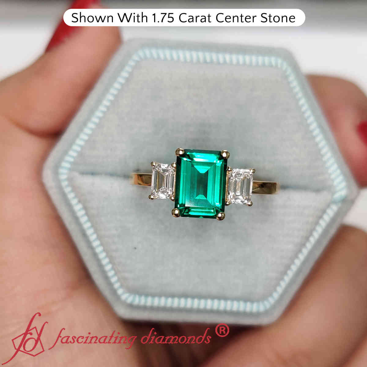 Three Stone Emerald Cut 2 Carat Ring with 14K Yellow Gold Green Emerald