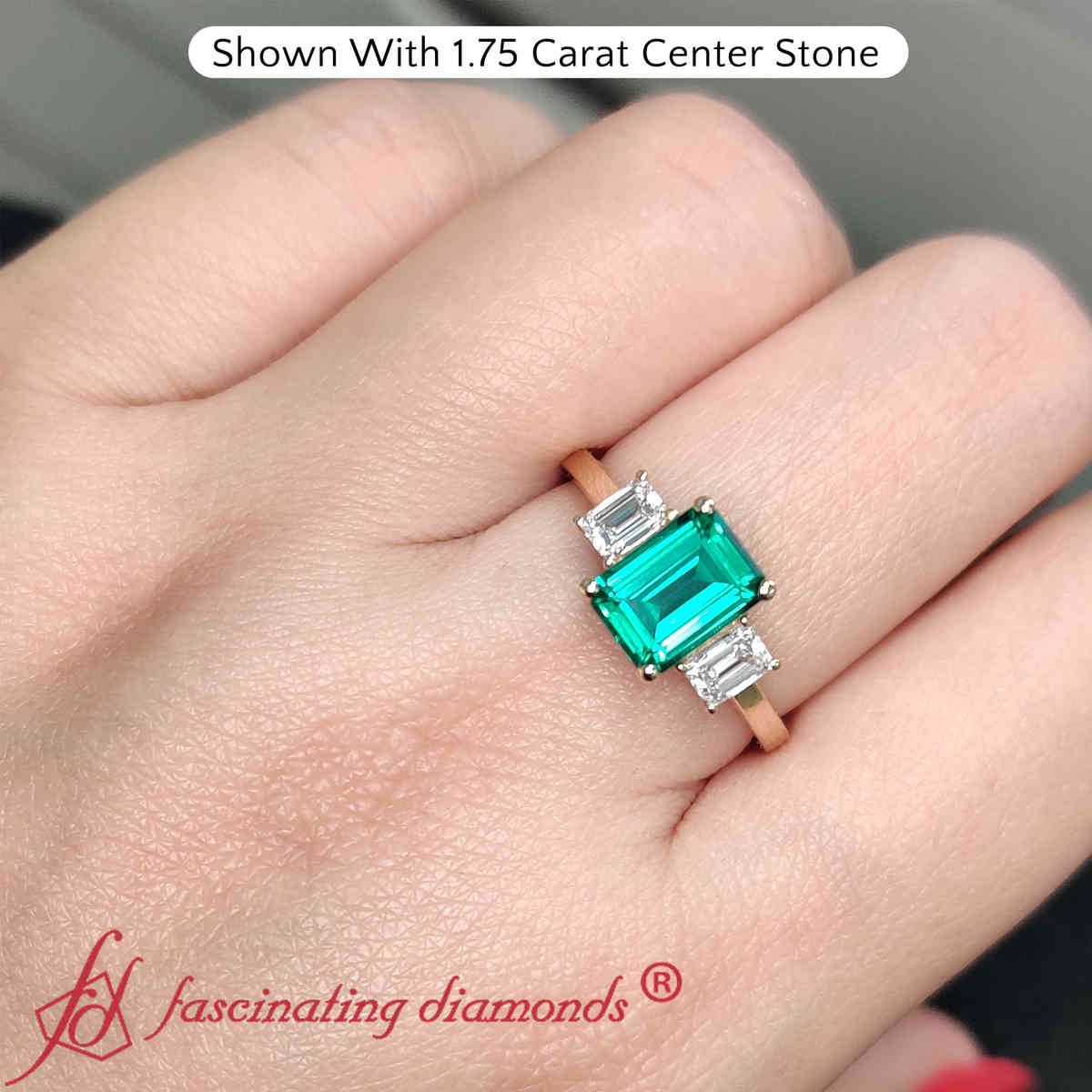 Three Stone Emerald Cut 2 Carat Ring with 14K Yellow Gold Green Emerald