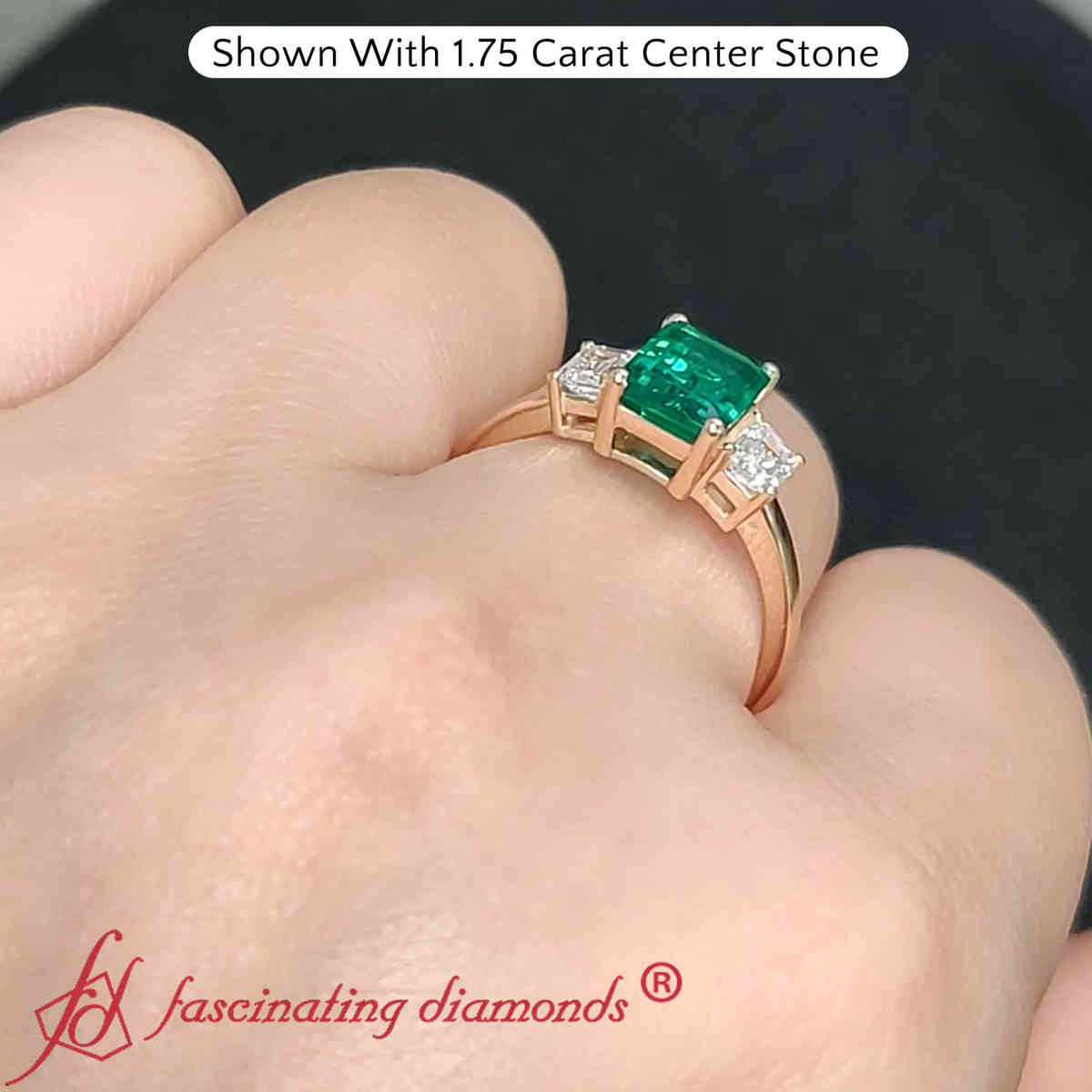 Three Stone Emerald Cut 2 Carat Ring with 14K Yellow Gold Green Emerald