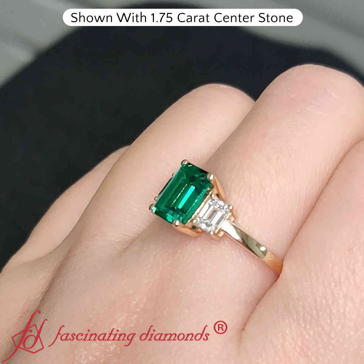Three Stone Emerald Cut 2 Carat Ring with 14K Yellow Gold Green Emerald