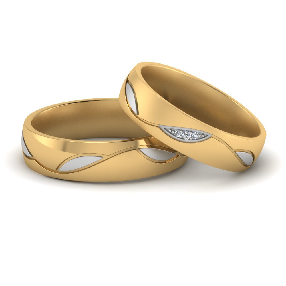 Two Tone Couples Matching Wedding Ring Sets with 14K Yellow Gold White Diamond