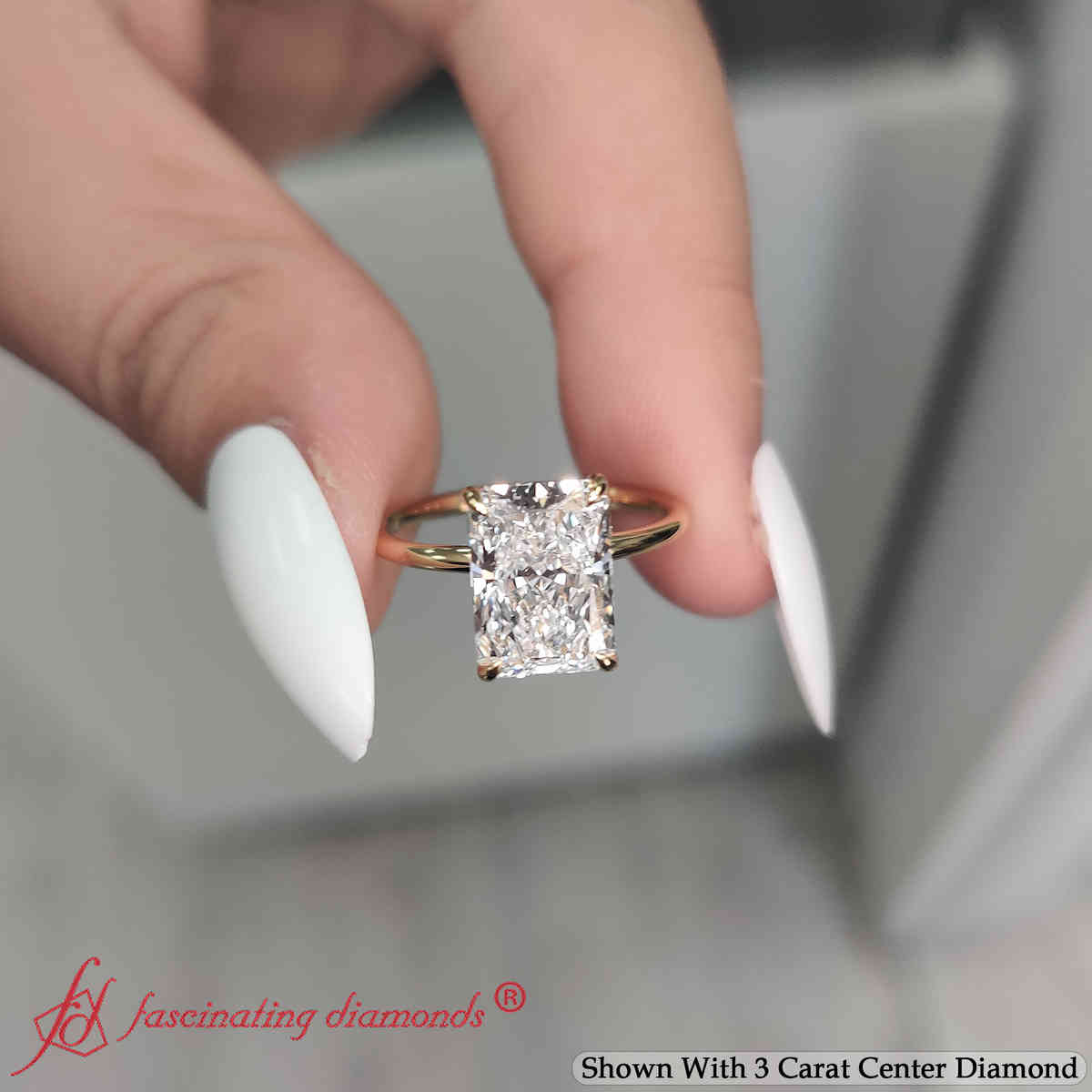 3 Carat Radiant Cut Lab Grown Diamond Solitaire Ring with 18K Yellow Gold White Diamond