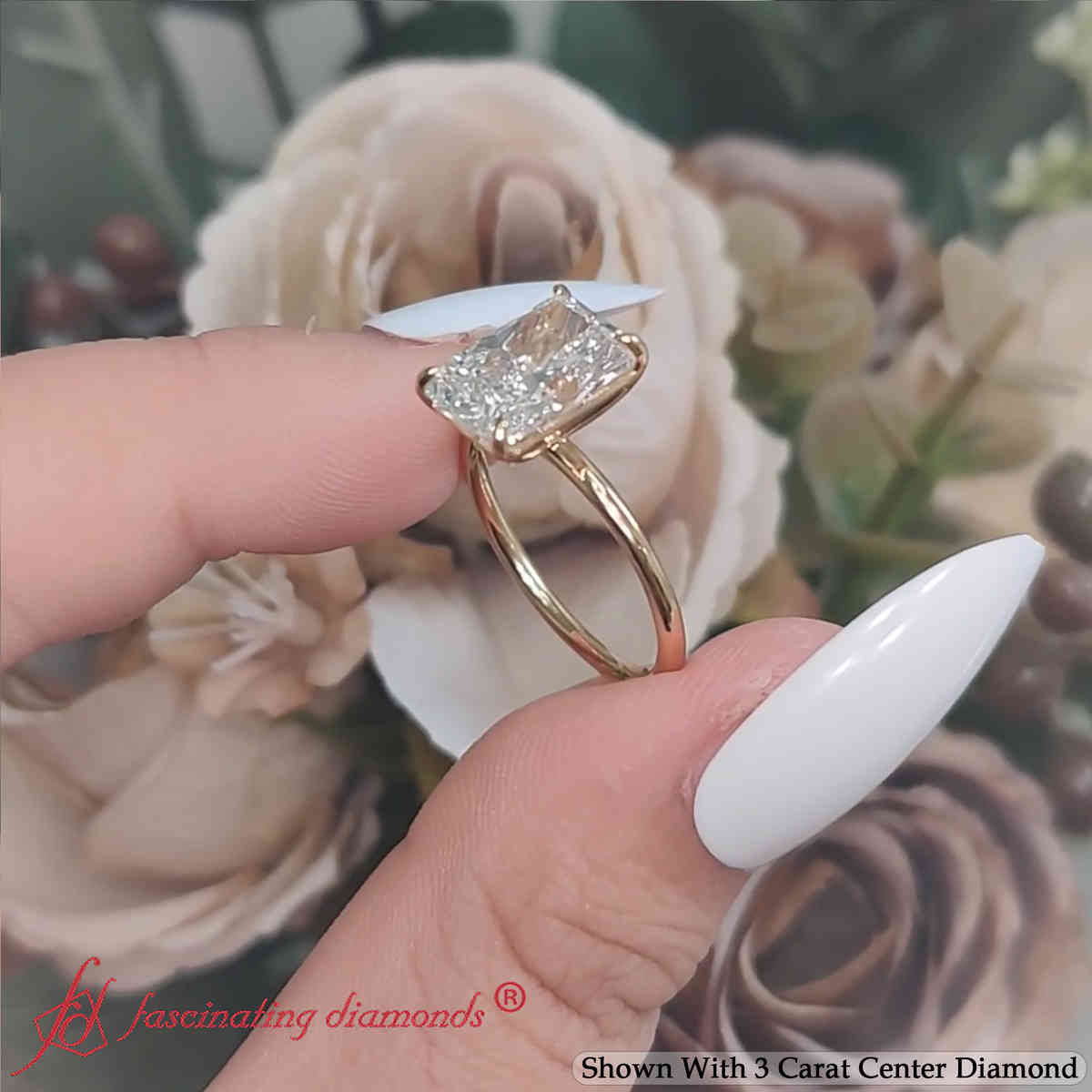 3 Carat Radiant Cut Lab Grown Diamond Solitaire Ring with 18K Yellow Gold White Diamond