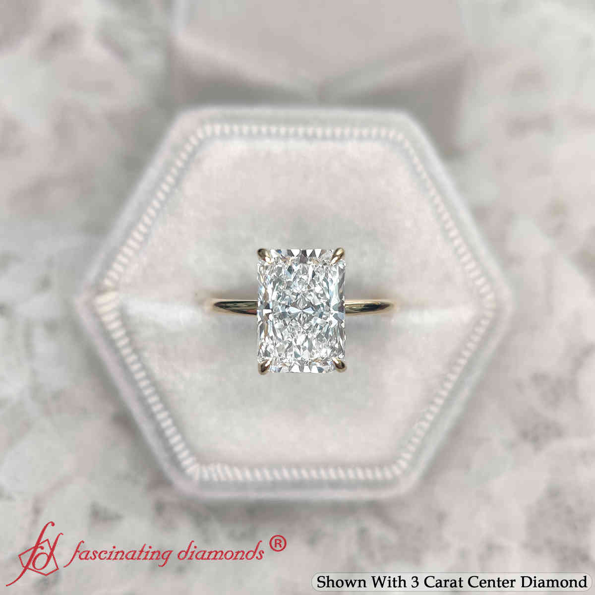 3 Carat Radiant Cut Lab Grown Diamond Solitaire Ring with 18K Yellow Gold White Diamond