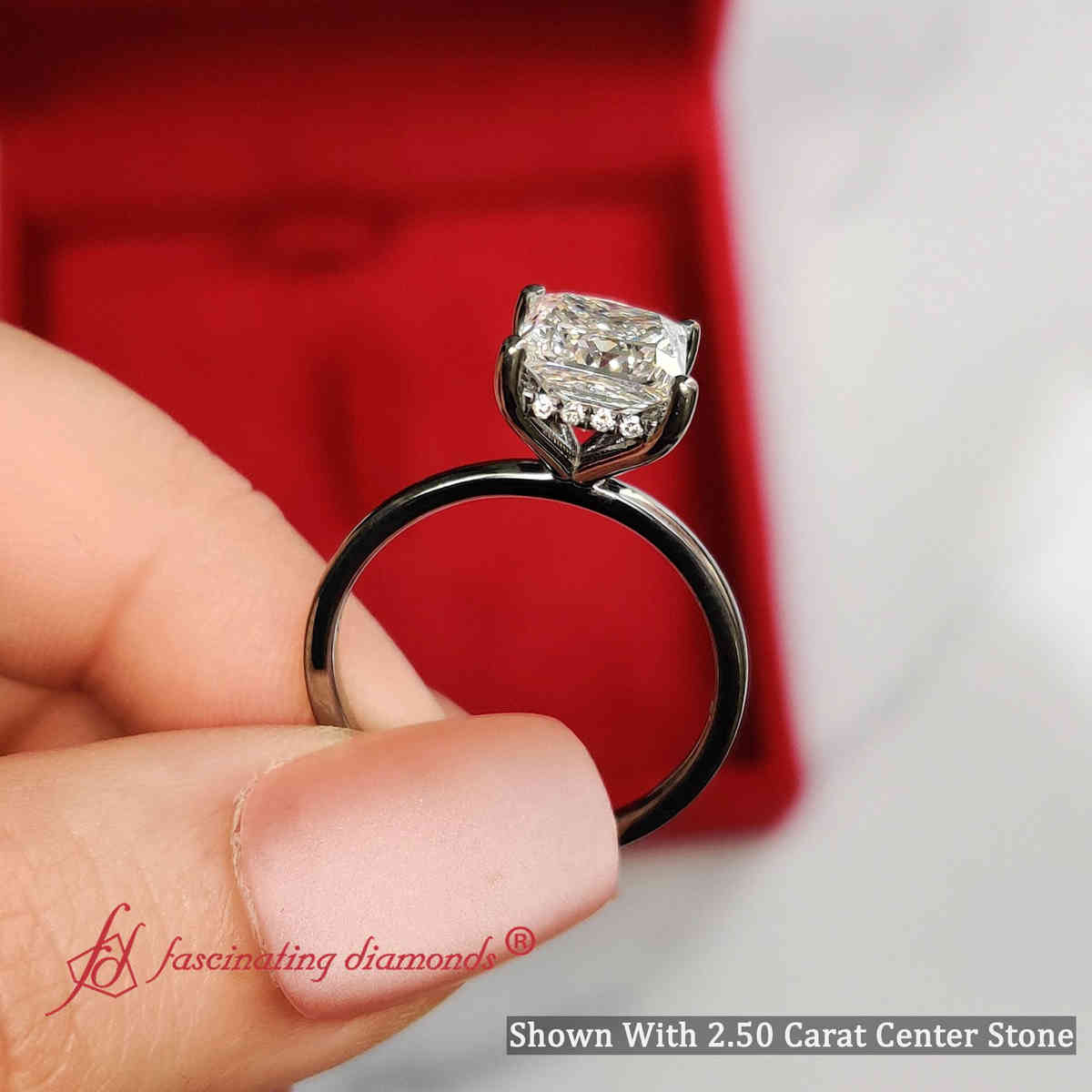 Princess Shaped Black Band Ring With Under Halo with White Diamond in 14K Black Gold