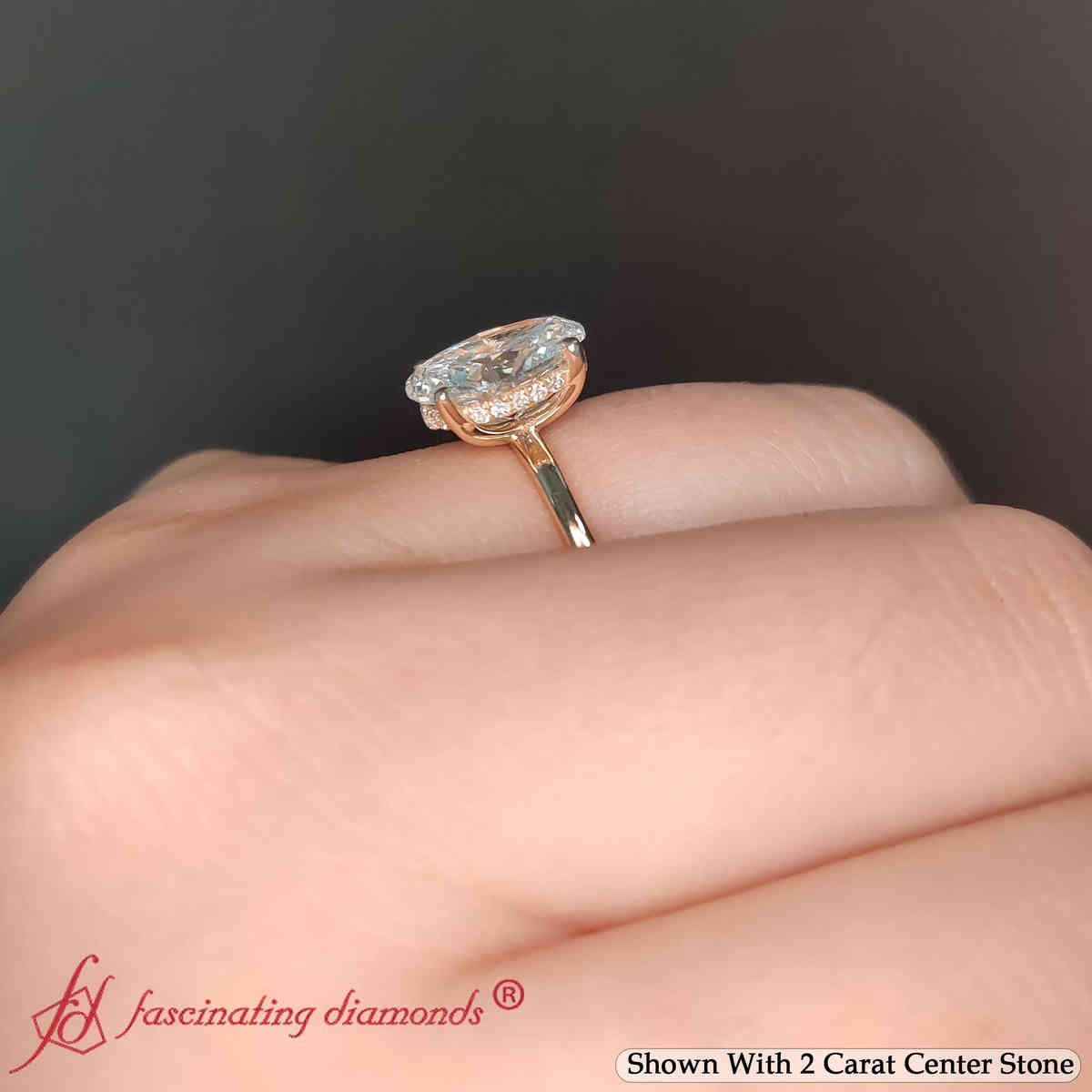 Oval Shaped Thin Gold Band Hidden Halo Engagement Ring with White Diamond in 14K Yellow Gold