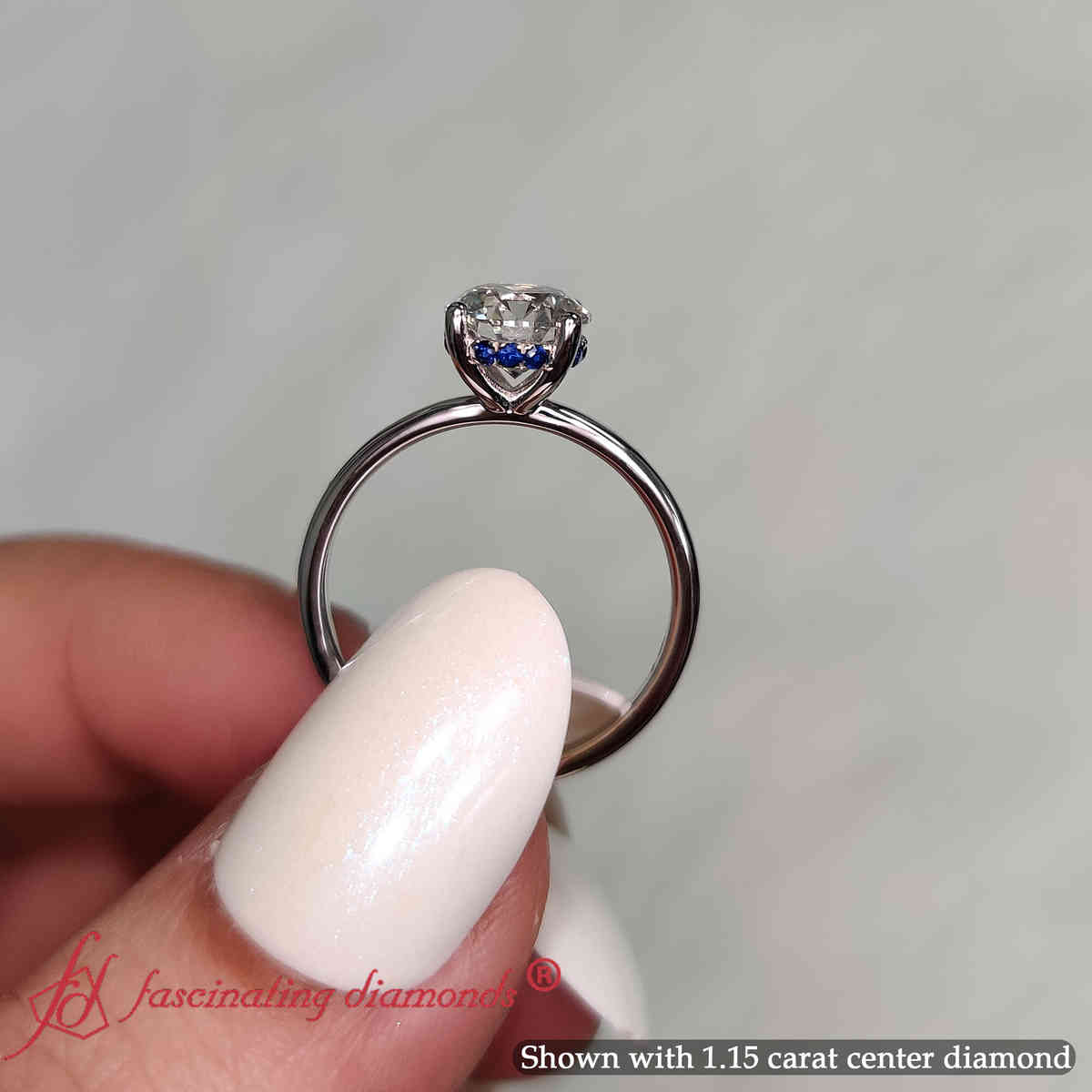 Round Shaped Thin Setting Hidden Halo Ring with Blue Sapphire in 14K White Gold