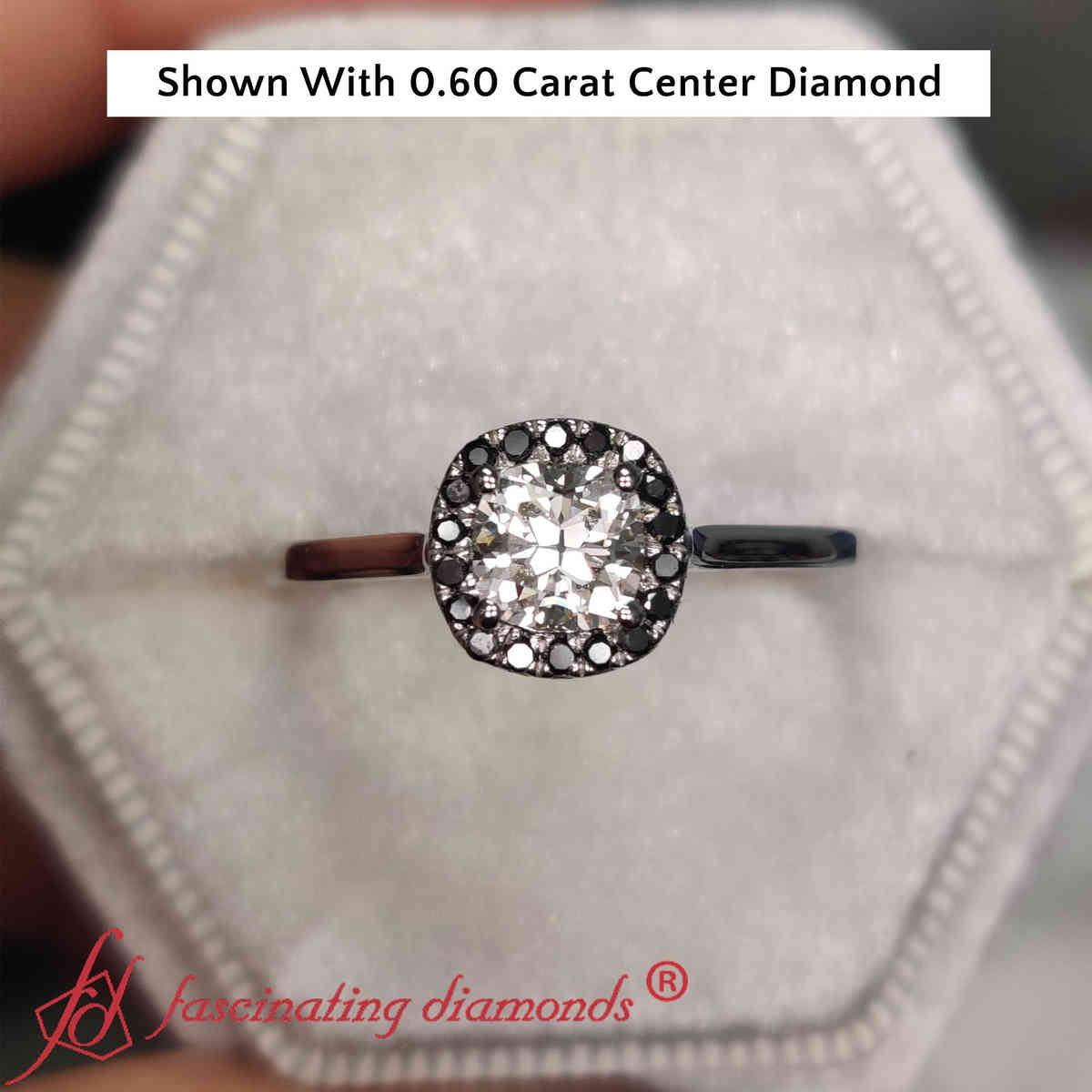 0.75 Carat Cushion Cut Lab Diamond Ring with 14K White Gold Black Diamond