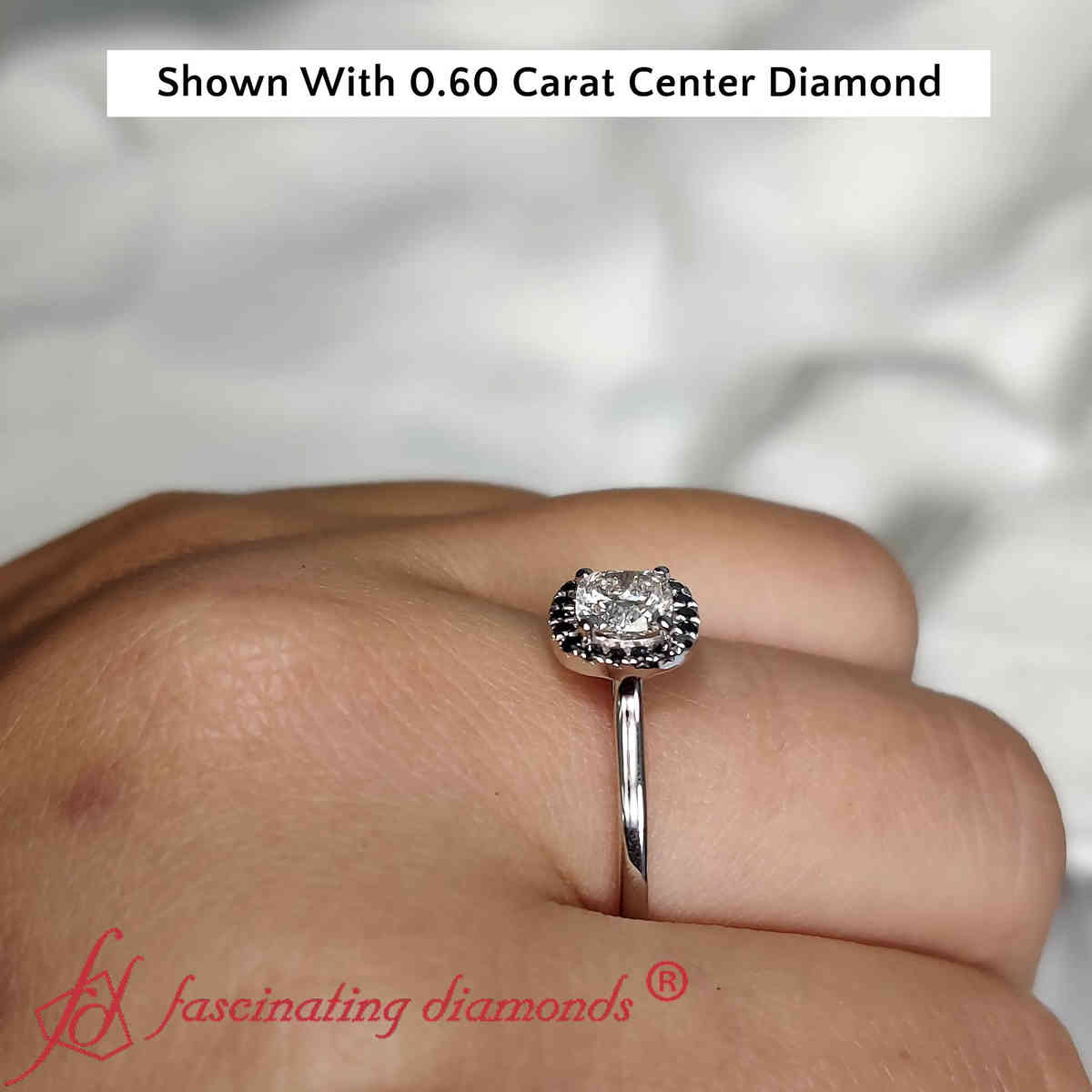 0.75 Carat Cushion Cut Lab Diamond Ring with 14K White Gold Black Diamond