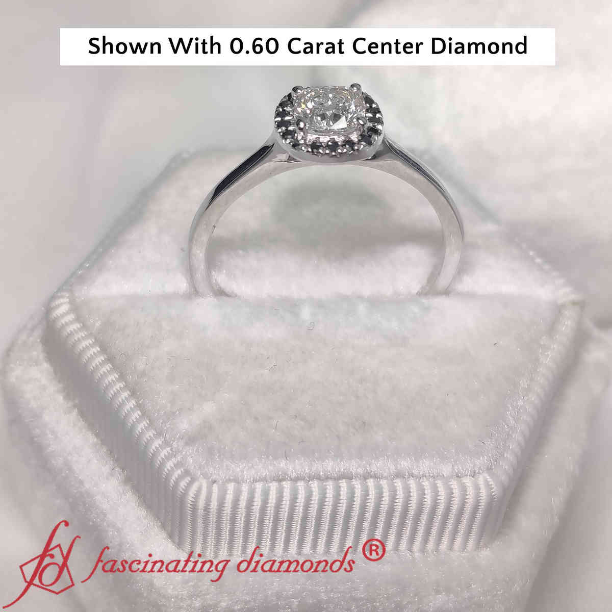 0.75 Carat Cushion Cut Lab Diamond Ring with 14K White Gold Black Diamond