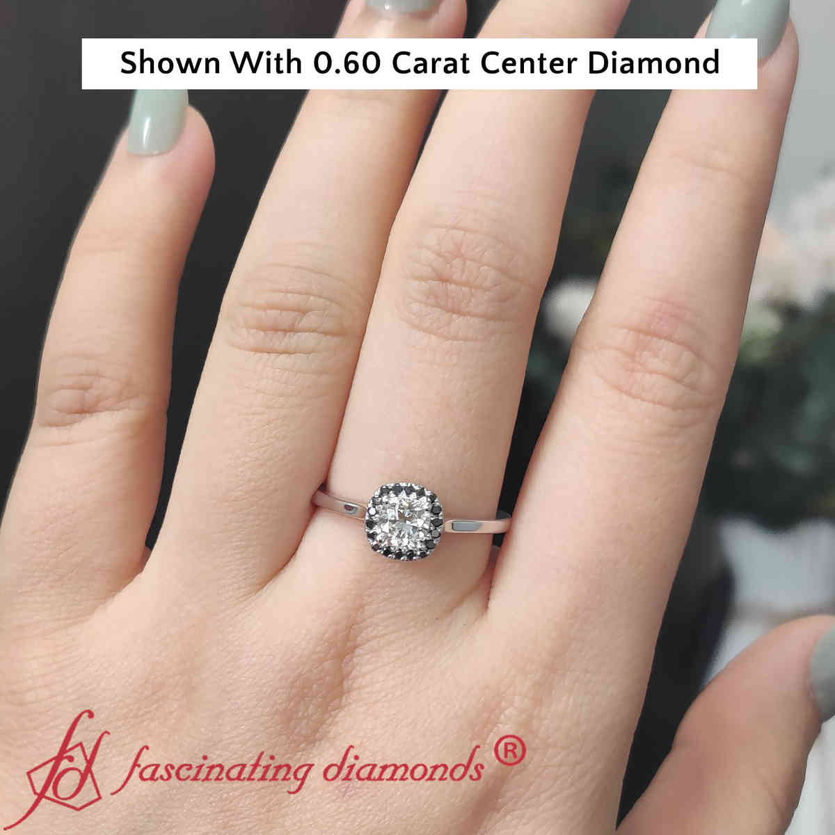 0.75 Carat Cushion Cut Lab Diamond Ring with 14K White Gold Black Diamond