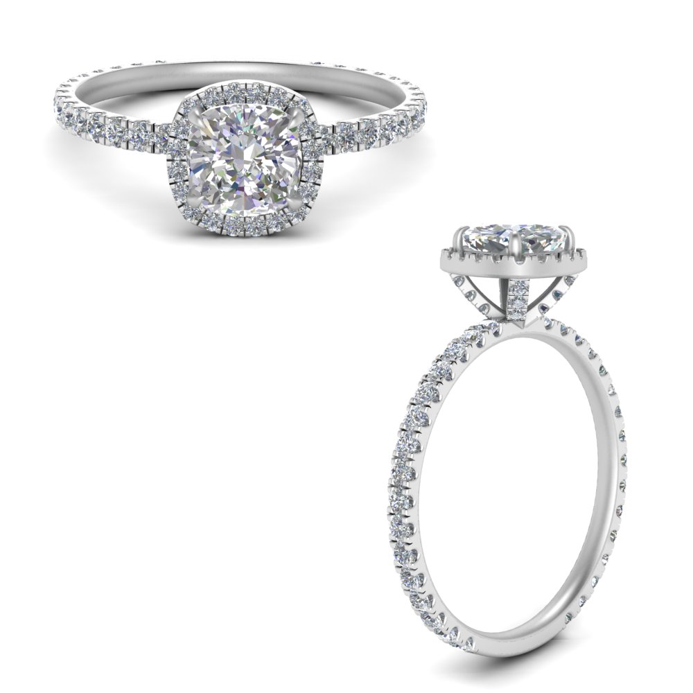 Cushion Shaped Cushion Cut Halo Scalloped Pave Ring with White Diamond in 14K White Gold