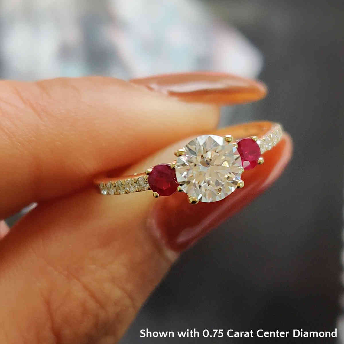 0.75 Carat Round Cut Three Stone Ring with 18K Yellow Gold Red Ruby