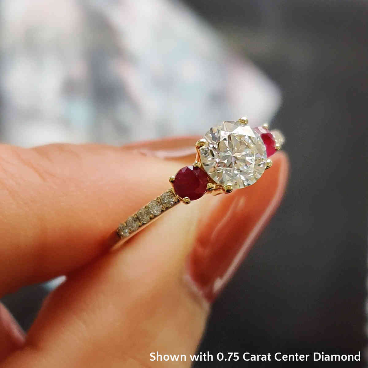 0.75 Carat Round Cut Three Stone Ring with 18K Yellow Gold Red Ruby