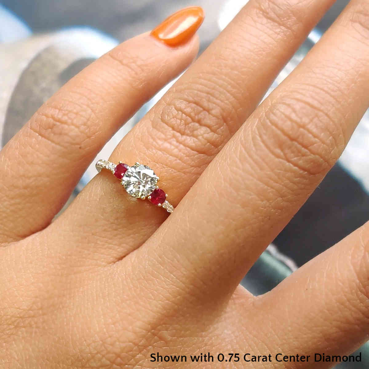 0.75 Carat Round Cut Three Stone Ring with 18K Yellow Gold Red Ruby