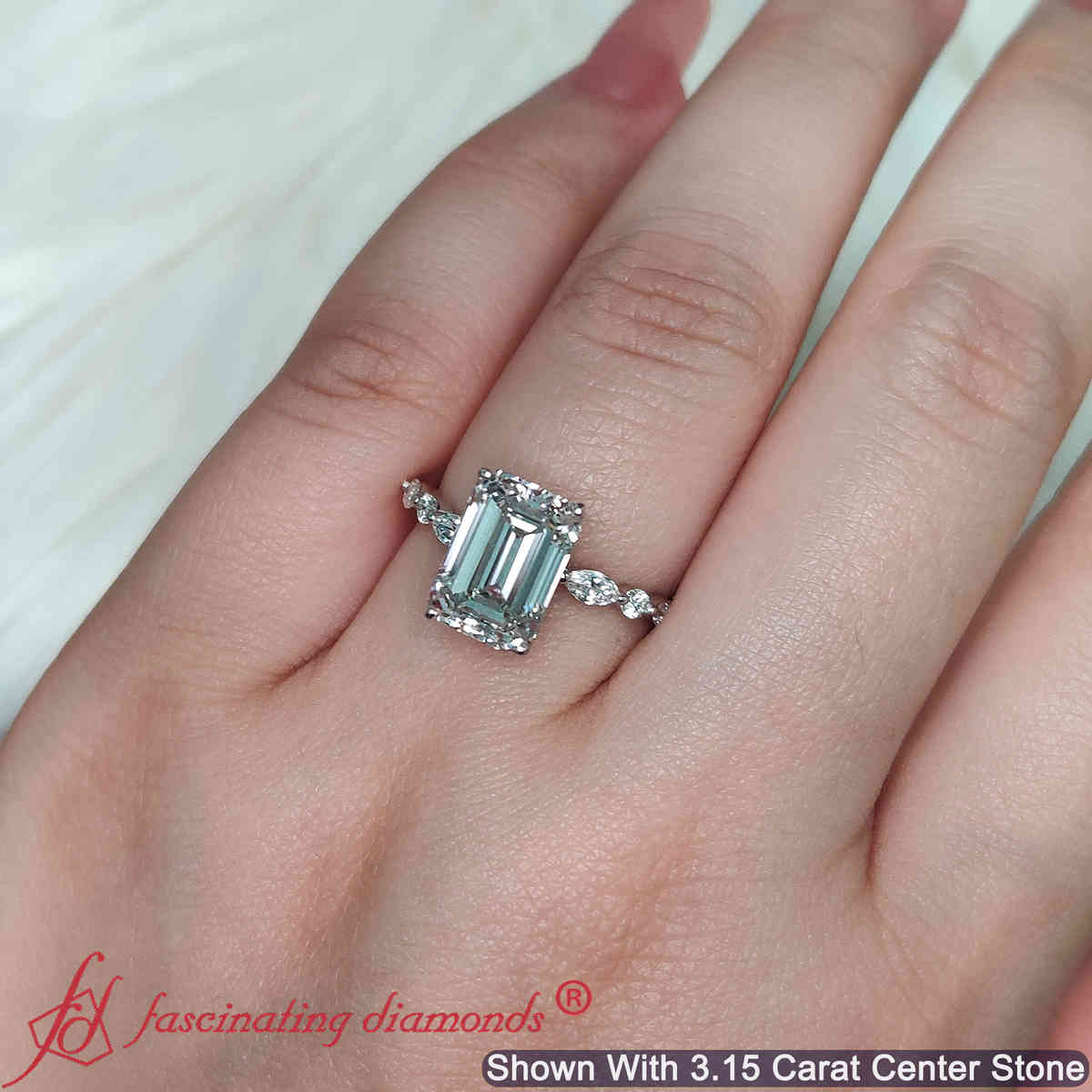 Emerald Shaped Floating Marquise Accent Engagement Ring with White Diamond in 18K White Gold