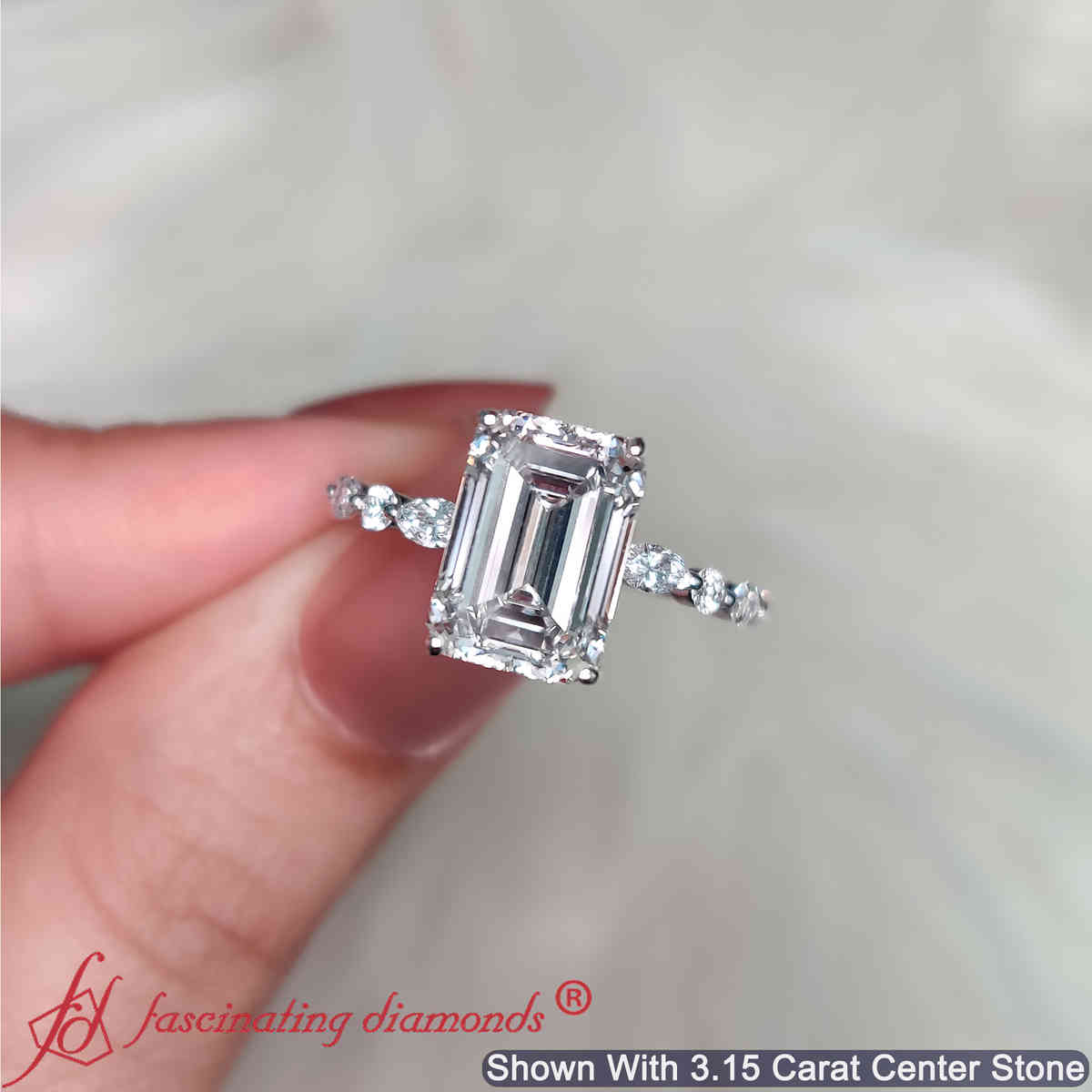 Emerald Shaped Floating Marquise Accent Engagement Ring with White Diamond in 18K White Gold