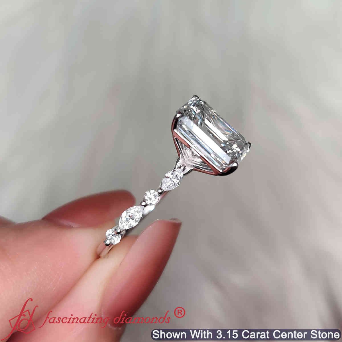 Emerald Shaped Floating Marquise Accent Engagement Ring with White Diamond in 18K White Gold