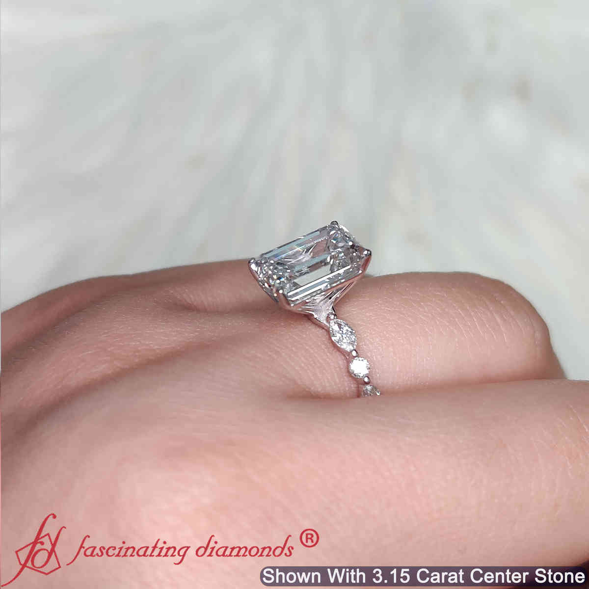 Emerald Shaped Floating Marquise Accent Engagement Ring with White Diamond in 18K White Gold