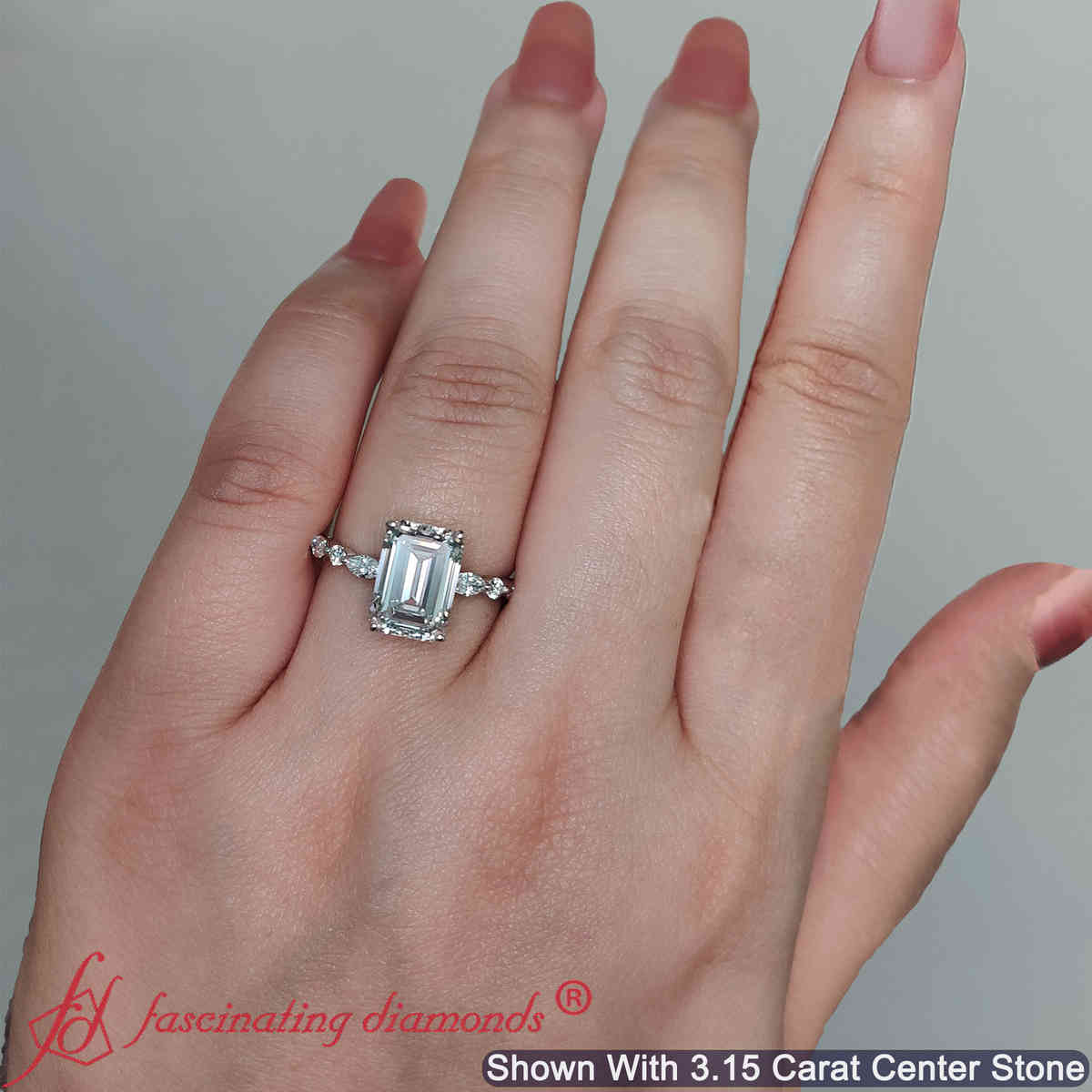 Emerald Shaped Floating Marquise Accent Engagement Ring with White Diamond in 18K White Gold
