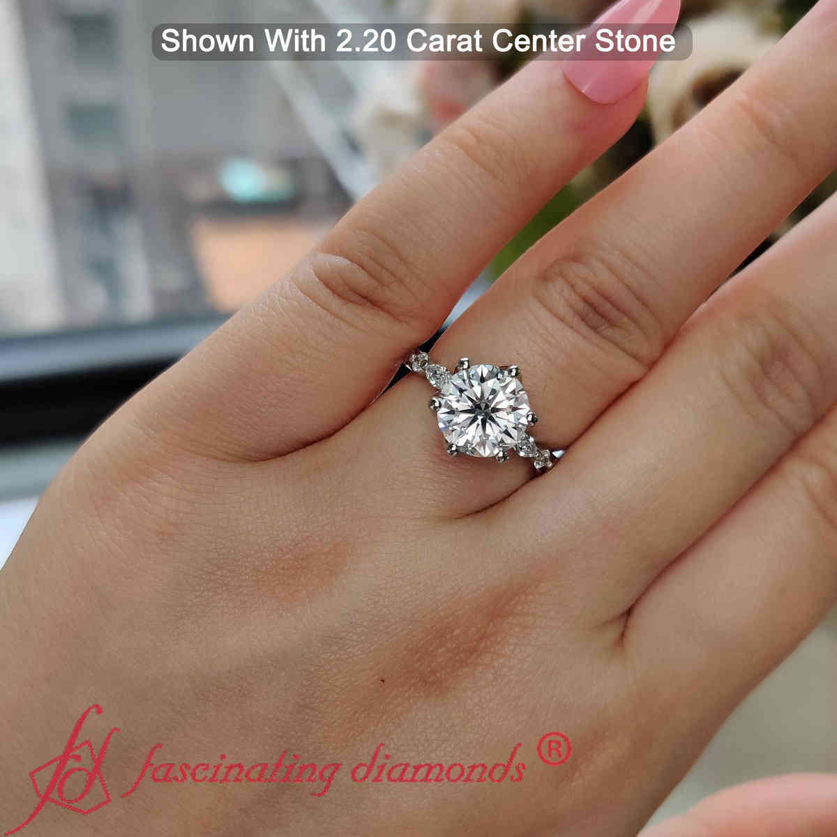 Floral Head Accented Luxury Lab Diamond Ring with 14K White Gold White Diamond